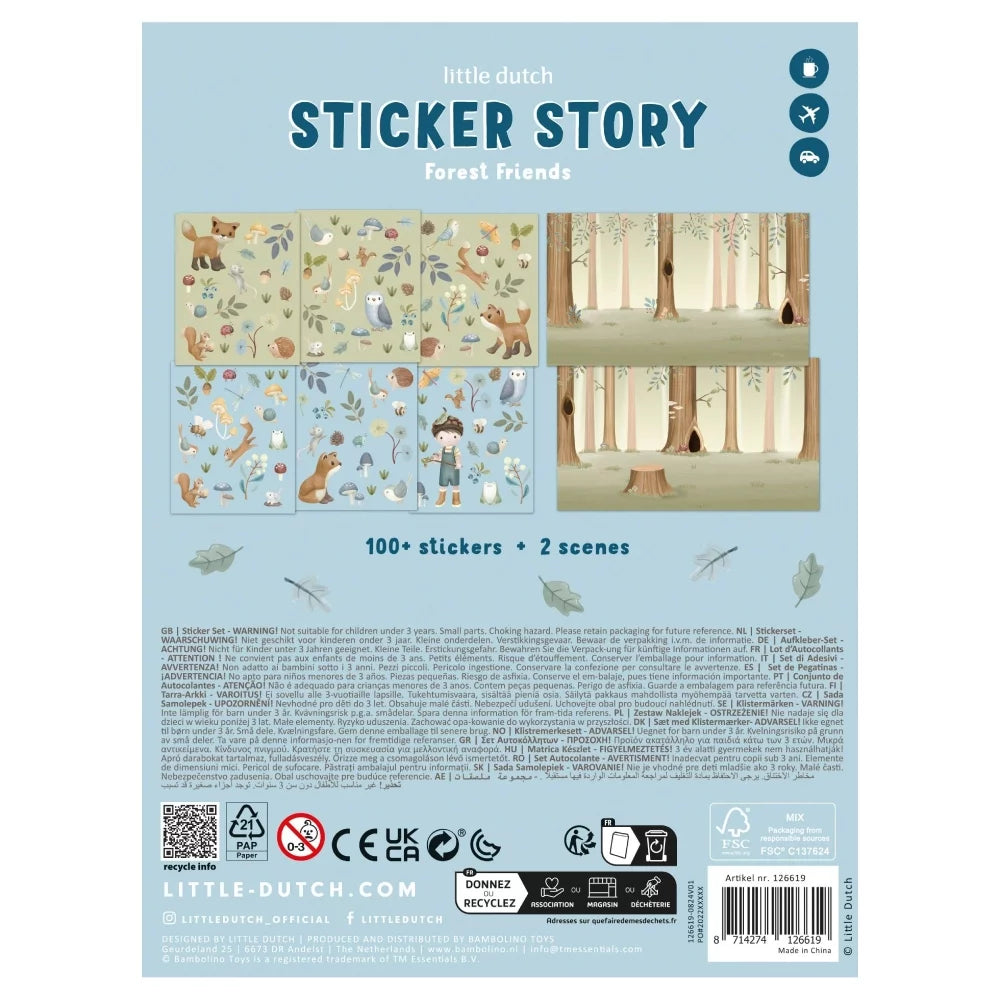 Verso do livro de autocolantes Little Dutch Forest Friends, mostrando os cenários de fundo, o número de autocolantes (100+) e informações regulamentares e de reciclagem.