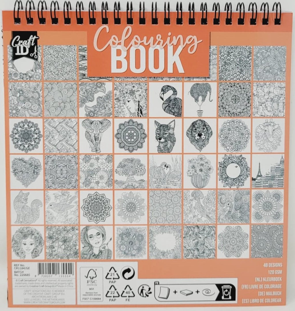 Verso do livro de colorir Creative Craft, mostrando uma colagem de amostras de 48 desenhos (mandalas, animais, rostos) e informações técnicas.