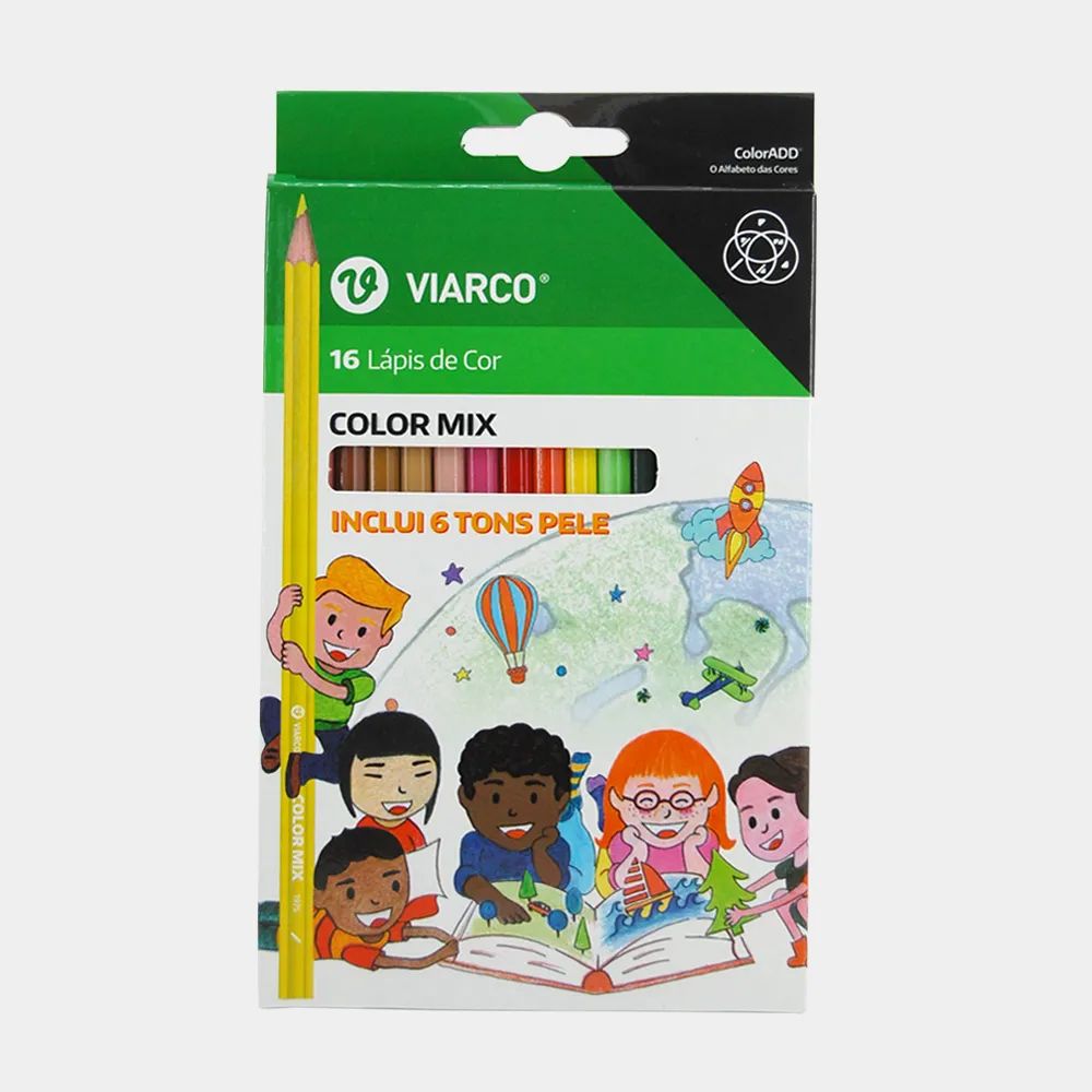 Caixa de 16 Lápis de Cor Viarco Colormix com o sistema ColorADD, destacando a cor amarela e ilustrações infantis.