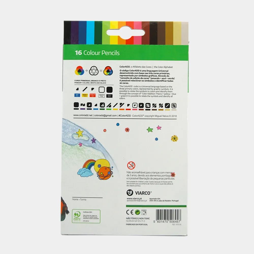 Verso da embalagem dos lápis Viarco Colormix, mostrando a tabela de cores ColorADD e informações do produto em português e inglês.