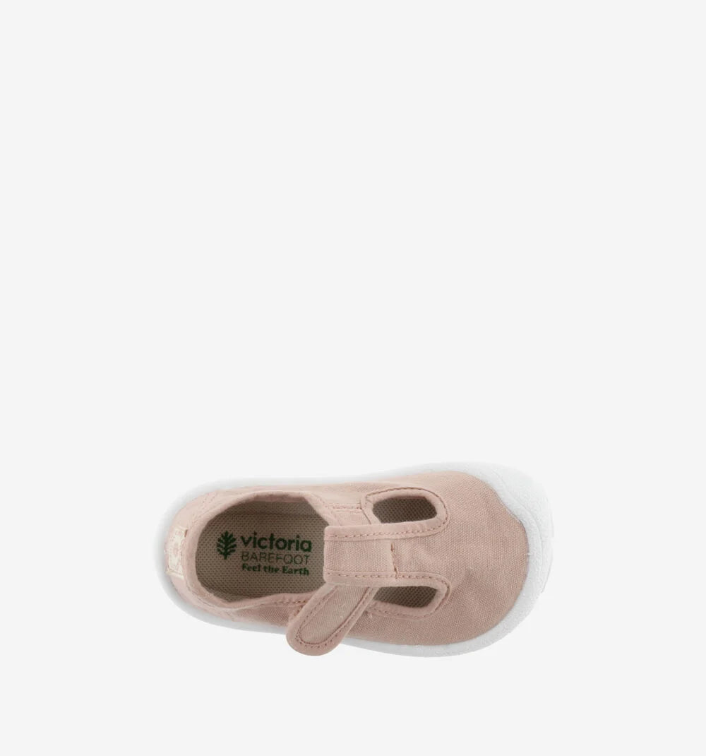 Sandália Victoria Barefoot Lona Ballet 2024 cor-de-rosa claro, vista de cima com logo barefoot.