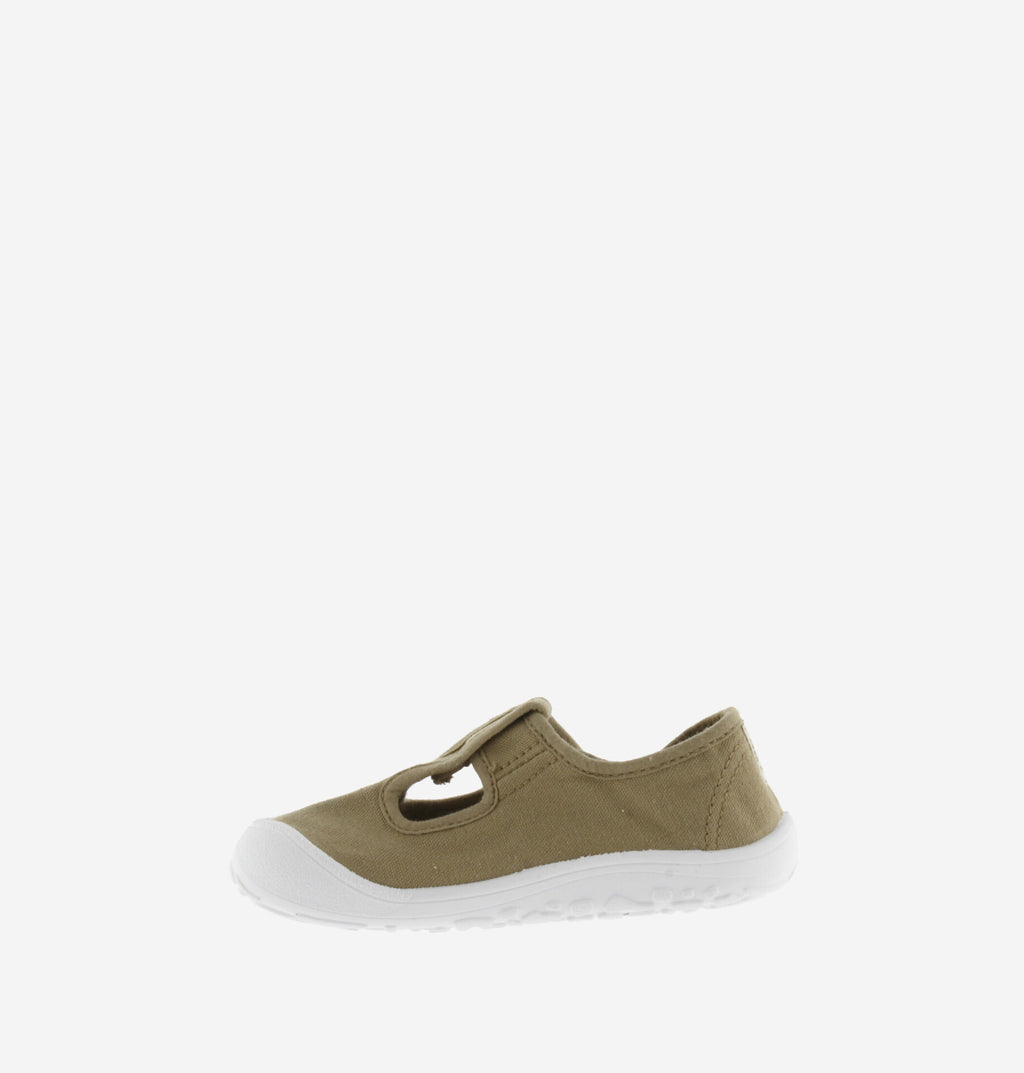 Sandália infantil Barefoot Victória Laurel, vista lateral oposta, mostrando o design minimalista, lona ecológica e sola branca antiderrapante.