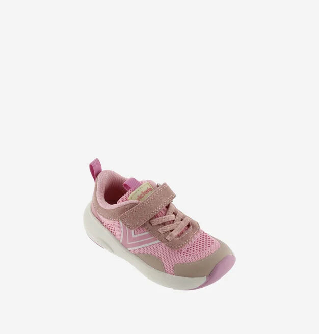 Sapatilha desportiva Victoria Barefoot Kai rosa, vista de lado, com fecho de velcro e detalhes em malha respirável.