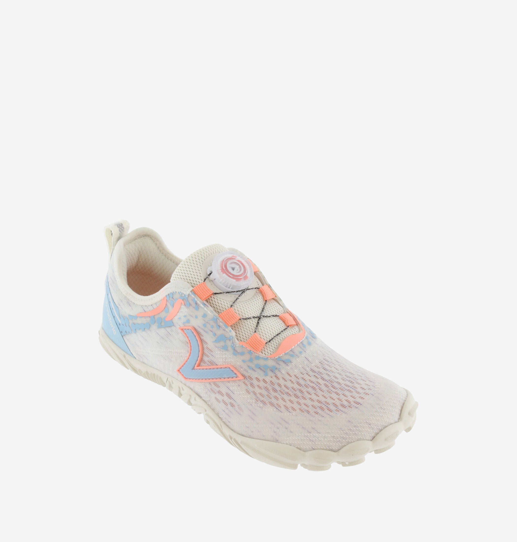 Sapatilha Victoria Barefoot Terratech Mesh azul em perspetiva frontal, destacando a biqueira larga e o fecho de disco.