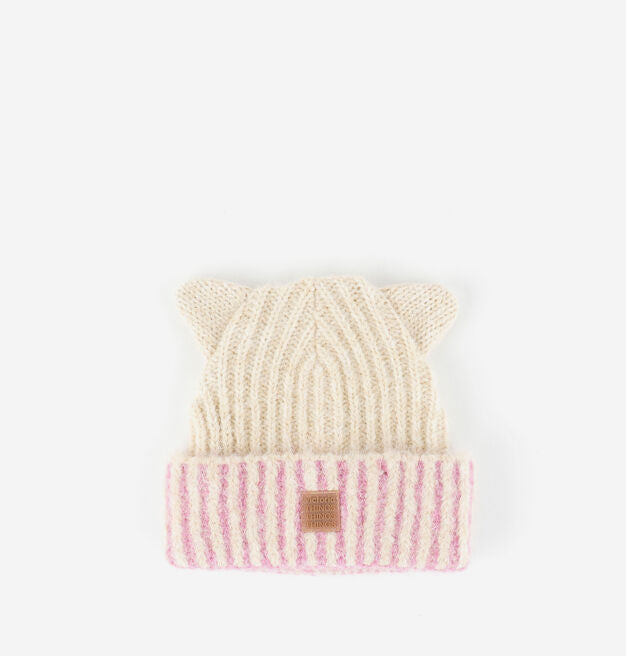 Gorro de malha canelada rosa com orelhinhas e dobra dupla da Victoria