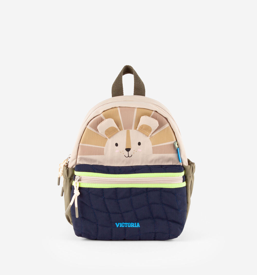 Mochila infantil Victoria com design de leão em tons de bege e azul escuro, com fecho de correr verde-lima contrastante.