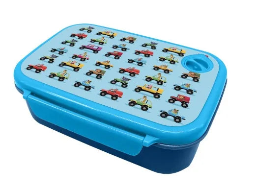 Lancheira infantil Water Revolution azul com tampa decorada com vários jipes e carros todo-o-terreno coloridos.