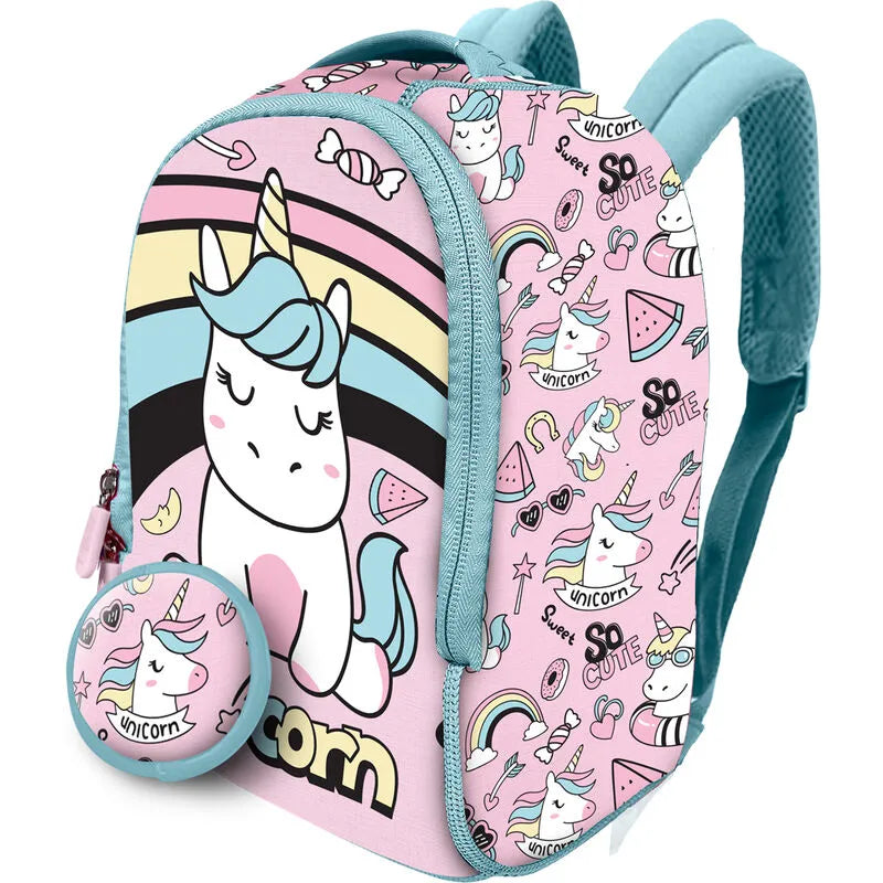 Mochila e lancheira Water Revolution de neoprene rosa com padrão de unicórnio e arco-íris, vista frontal com mini bolsa incluída.