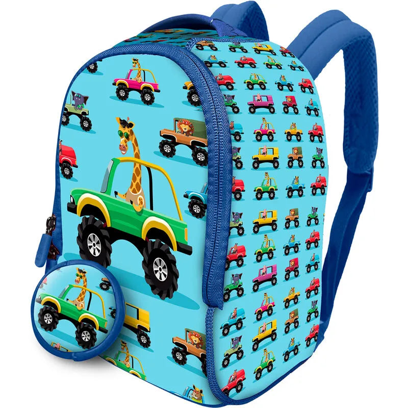 Mochila pré-escolar Water Revolution em neoprene azul com estampagem de carros e animais, inclui mini bolsa a condizer.