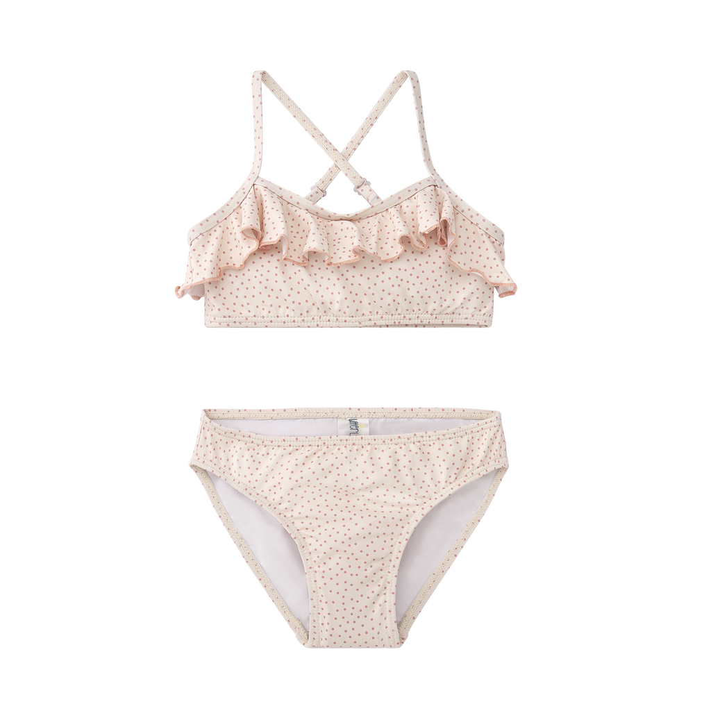 Fato de banho Waterlemon para menina, conjunto de biquíni de duas peças com padrão de bolinhas laranja sobre fundo pêssego.