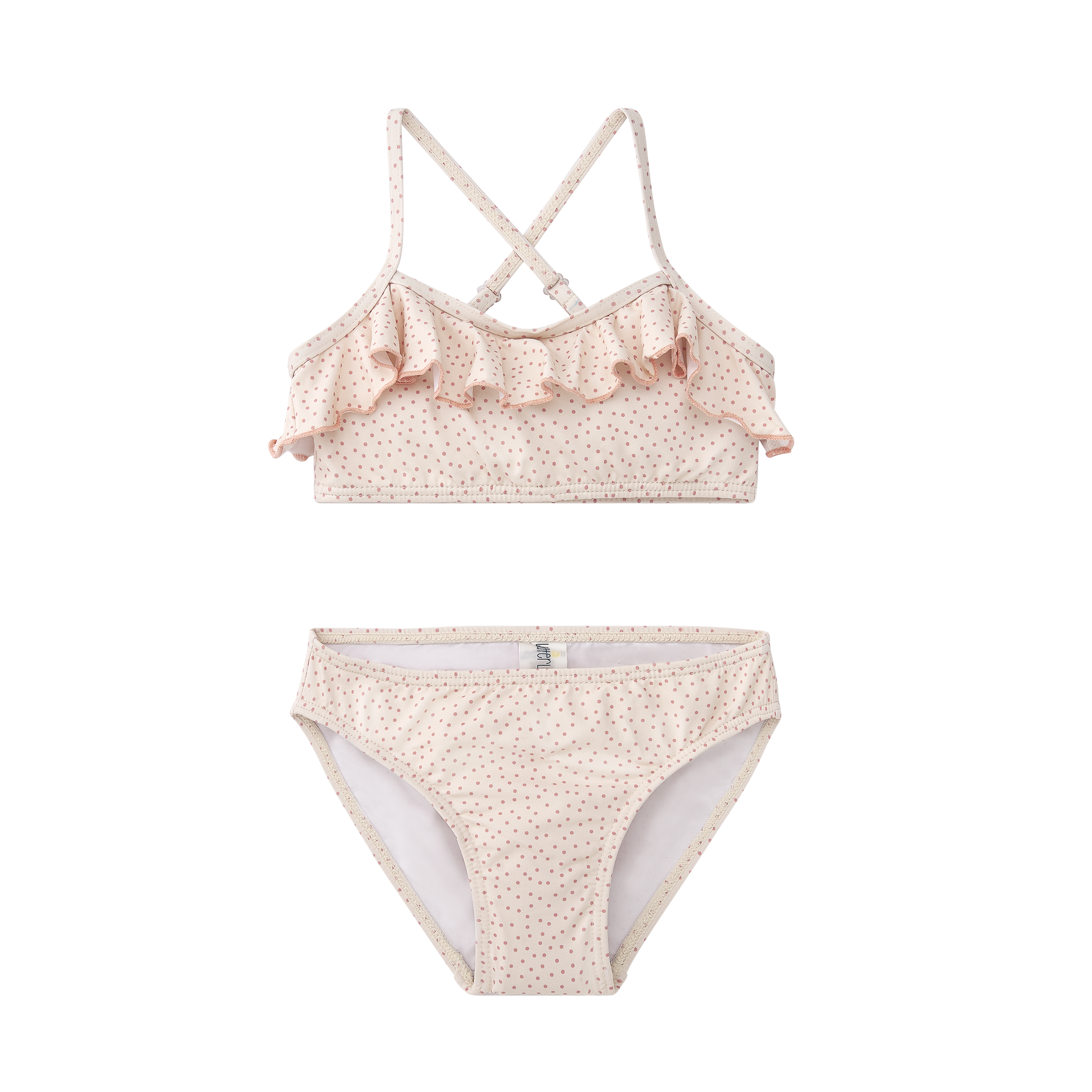 Fato de banho Waterlemon para menina, conjunto de biquíni de duas peças com padrão de bolinhas laranja sobre fundo pêssego.