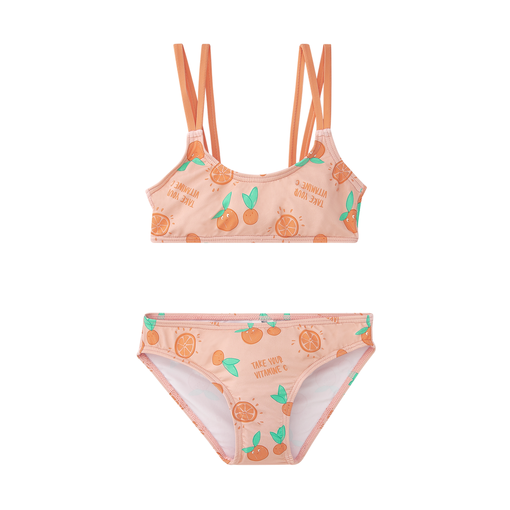 Biquíni de duas peças Waterlemon para menina, estampado com laranjas vibrantes sobre fundo pêssego. Top de alças duplas.