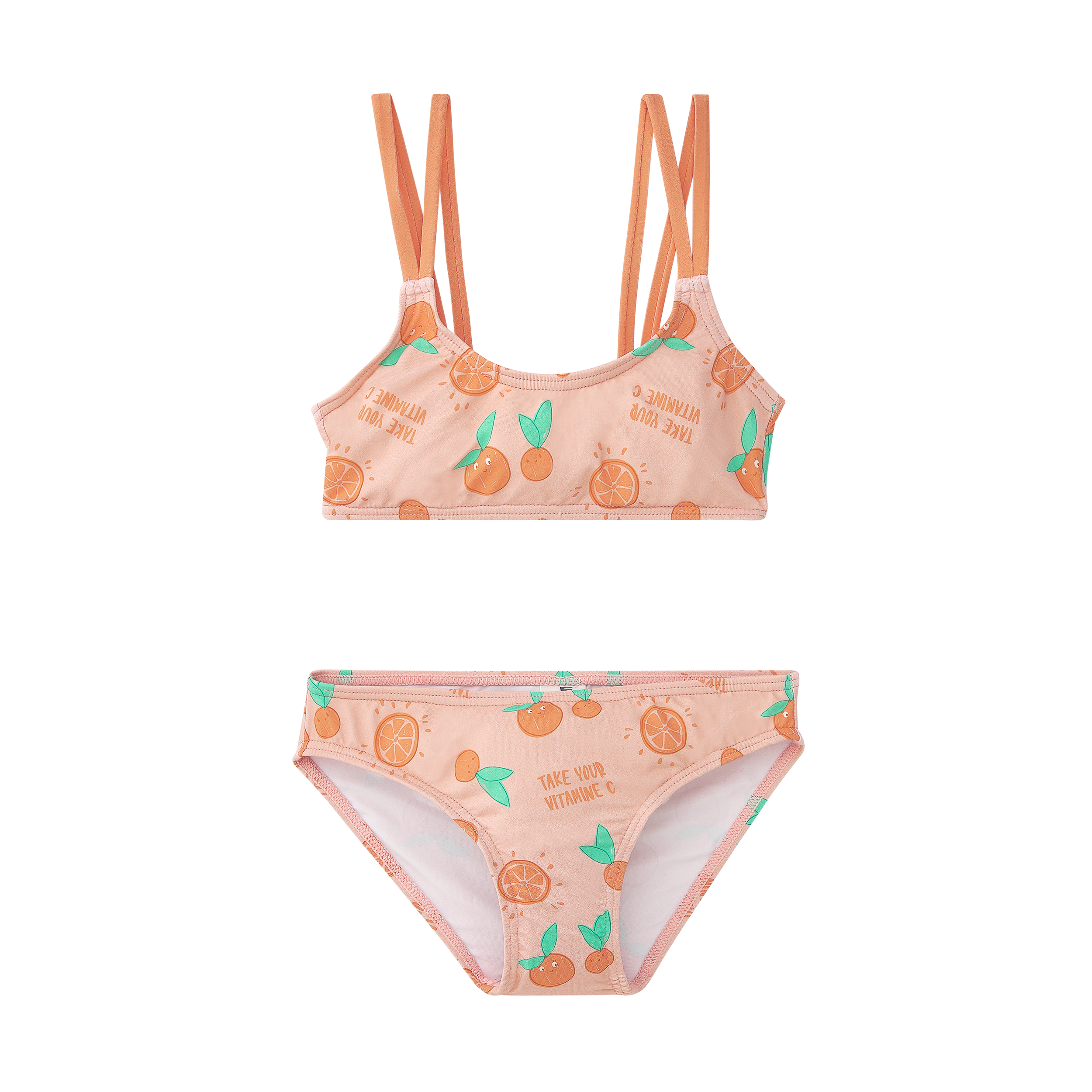 Biquíni de duas peças Waterlemon para menina, estampado com laranjas vibrantes sobre fundo pêssego. Top de alças duplas.
