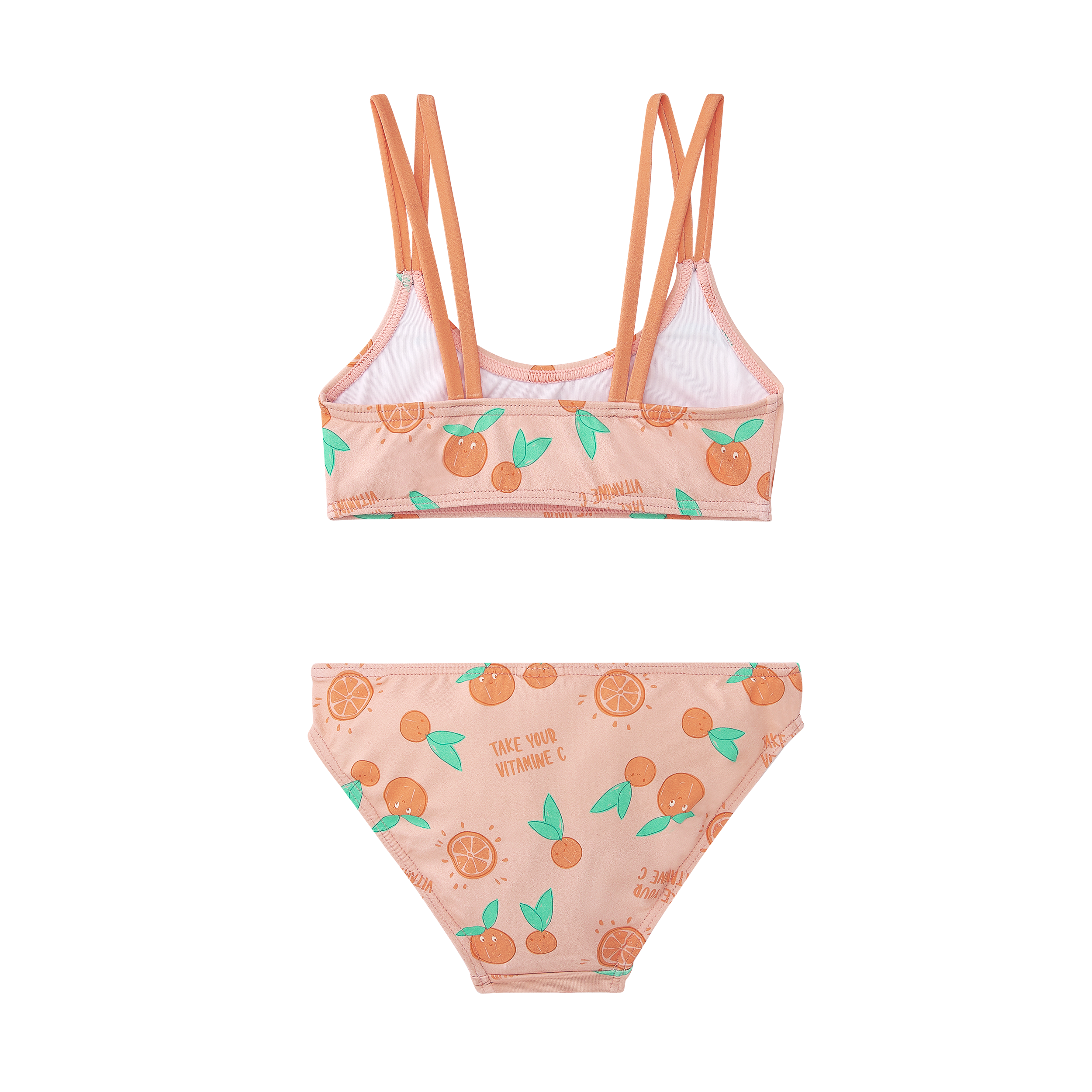 Detalhe do top do biquíni Waterlemon, mostrando o decote redondo e as alças duplas laterais, tecido com padrão de laranjas.