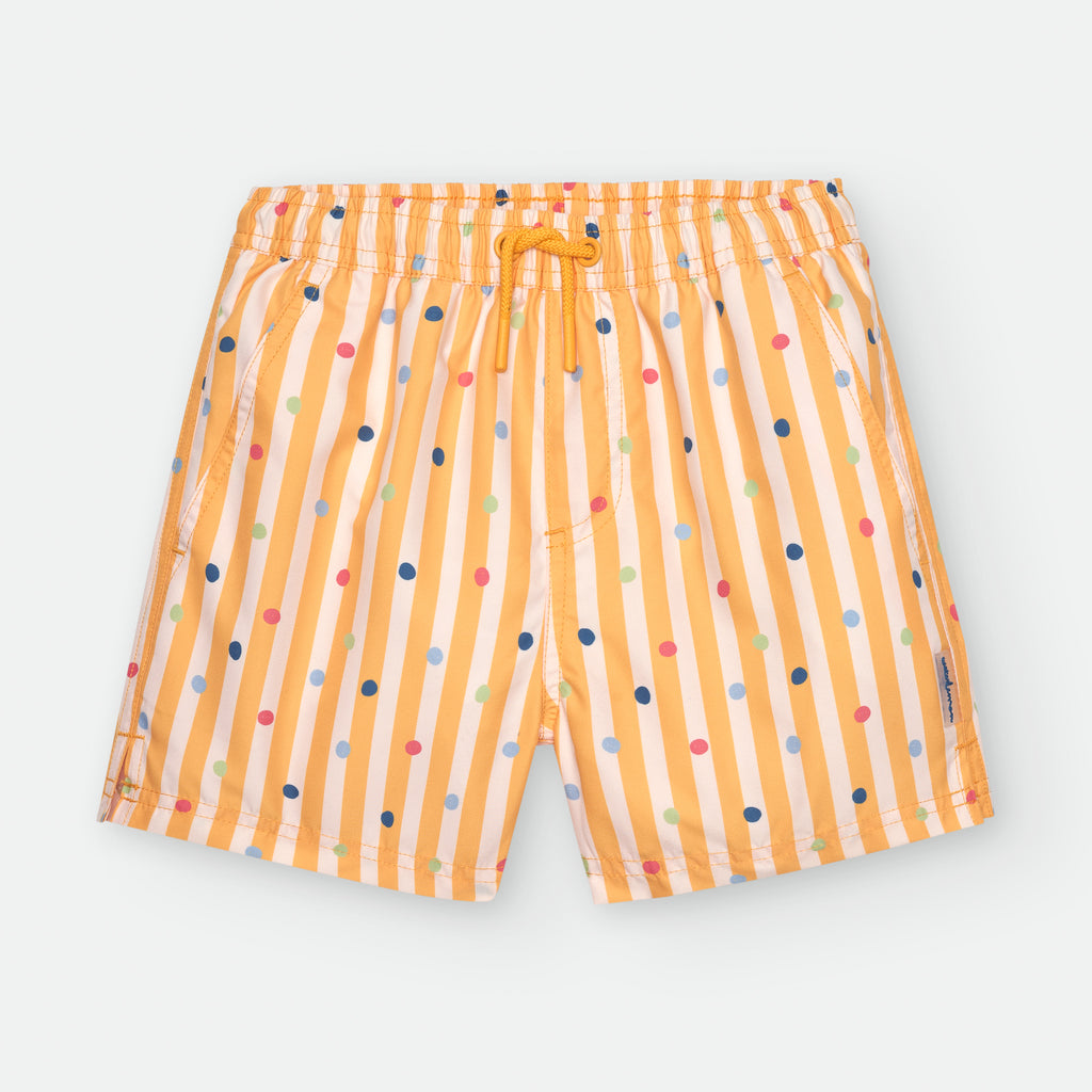 Calção de praia Waterlemon amarelo com riscas verticais brancas e bolinhas coloridas, vista frontal, com cordão de ajuste amarelo.