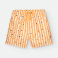 Calção de praia Waterlemon amarelo com riscas verticais brancas e bolinhas coloridas, vista frontal, com cordão de ajuste amarelo.