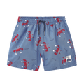 Calção de praia Waterlemon infantil azul com padrão de caranguejos vermelhos e riscas brancas, vista frontal com cintura elástica e atacadores.