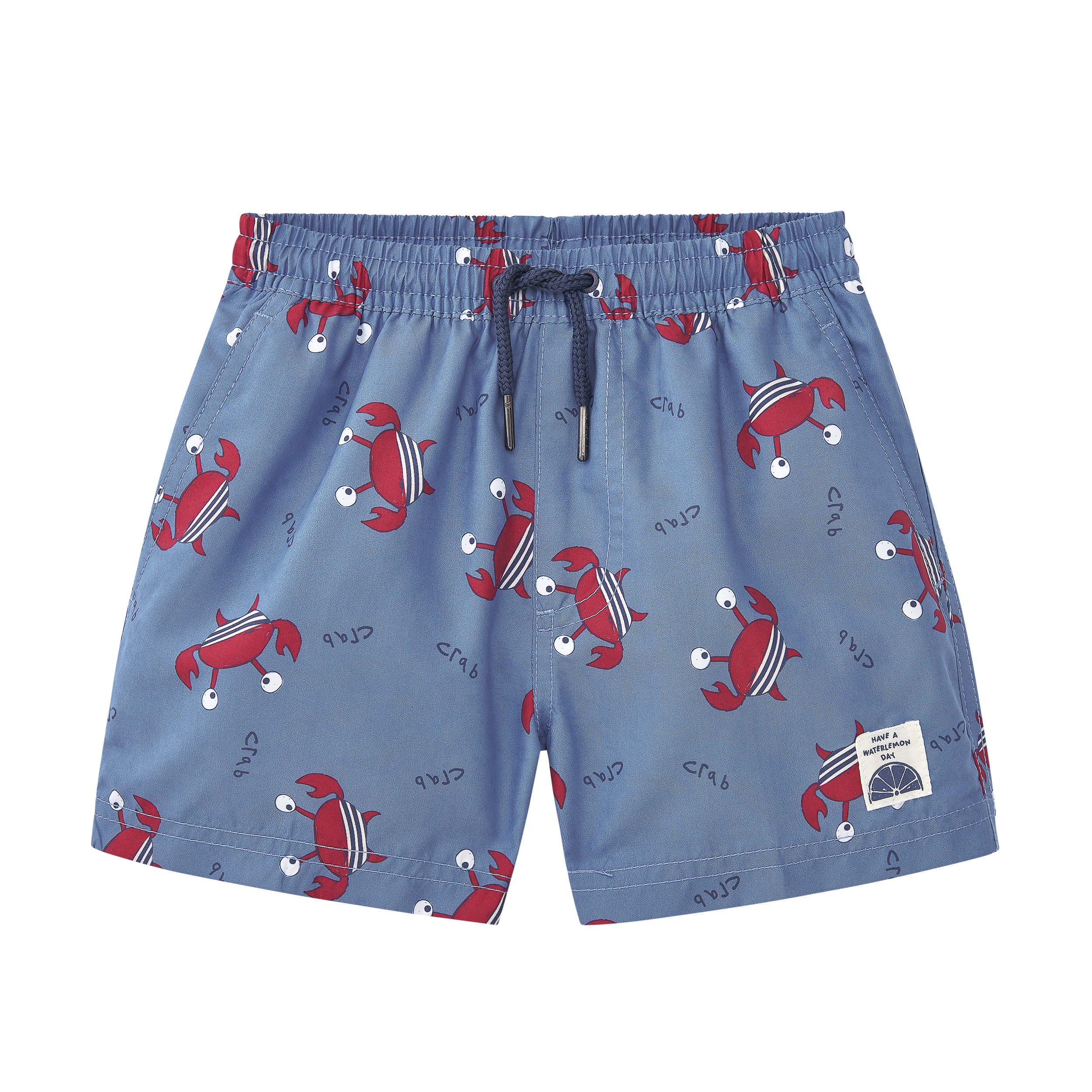Calção de praia Waterlemon infantil azul com padrão de caranguejos vermelhos e riscas brancas, vista frontal com cintura elástica e atacadores.