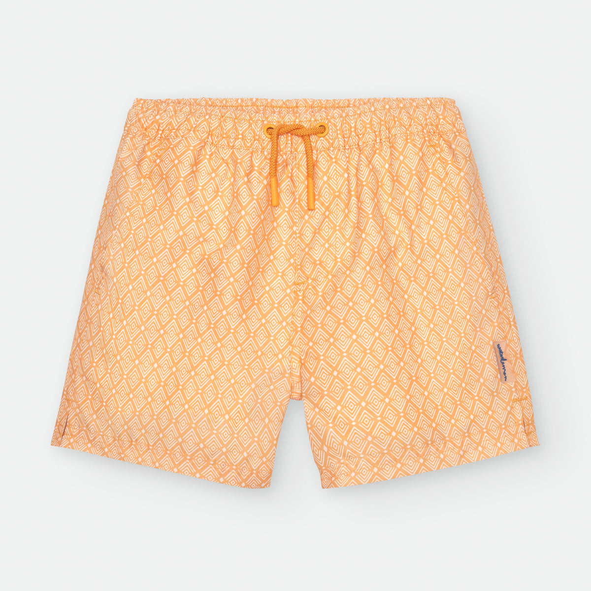 Calções de banho Waterlemon laranja para adulto, vista frontal, padrão geométrico, tecido leve e confortável.