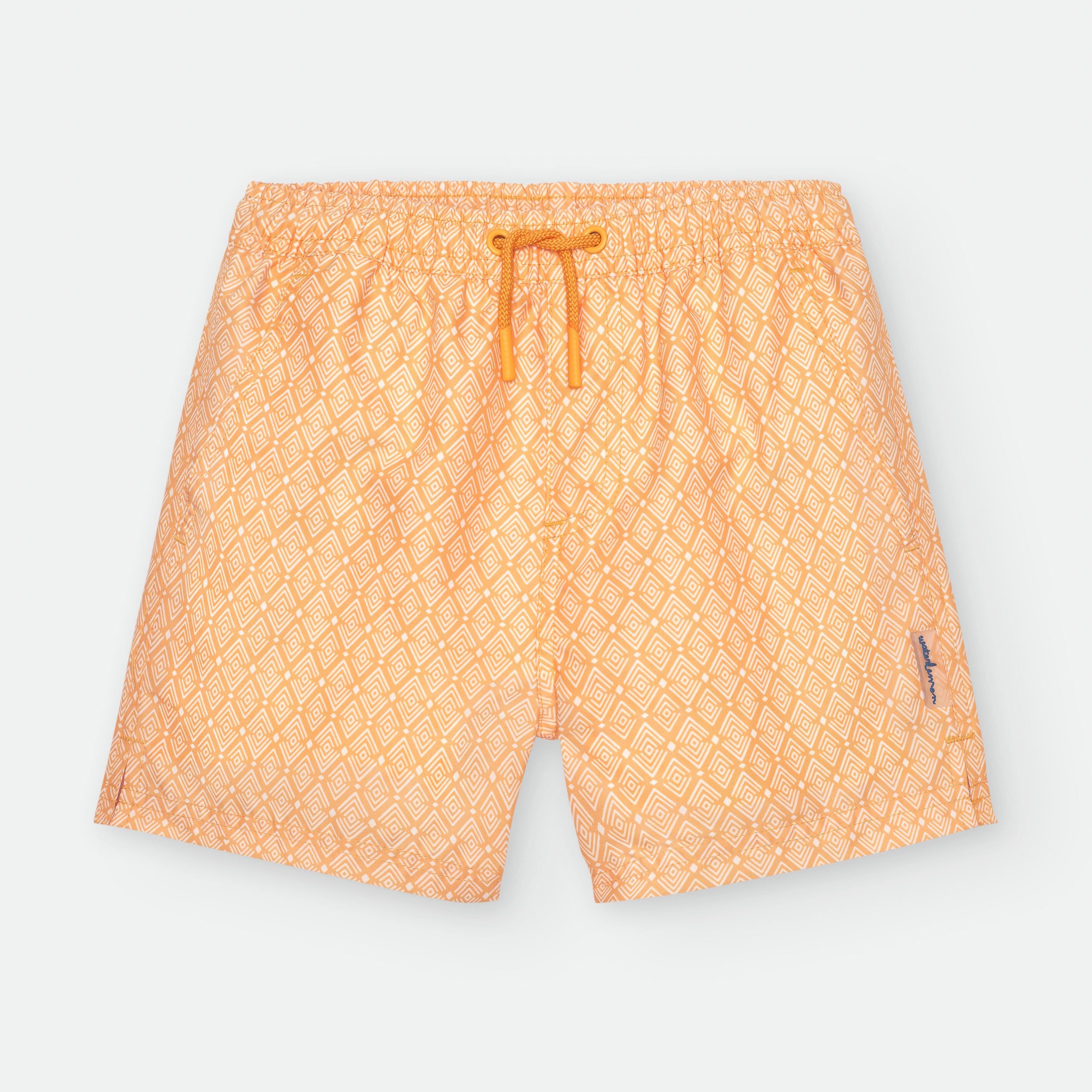 Calções de banho Waterlemon laranja para adulto, vista frontal, padrão geométrico, tecido leve e confortável.