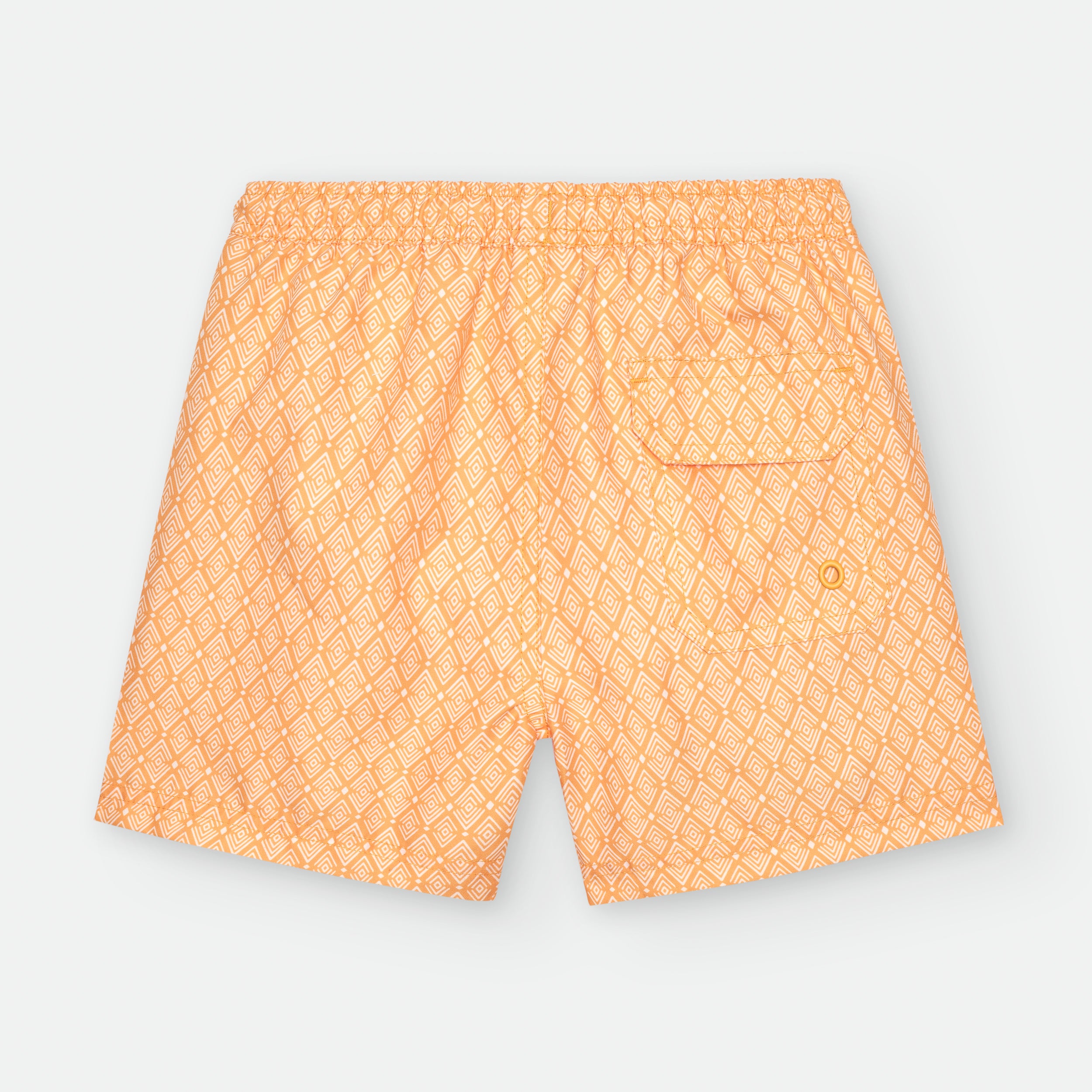 Calções de banho Waterlemon laranja para adulto, vista traseira, padrão geométrico, detalhe do bolso.