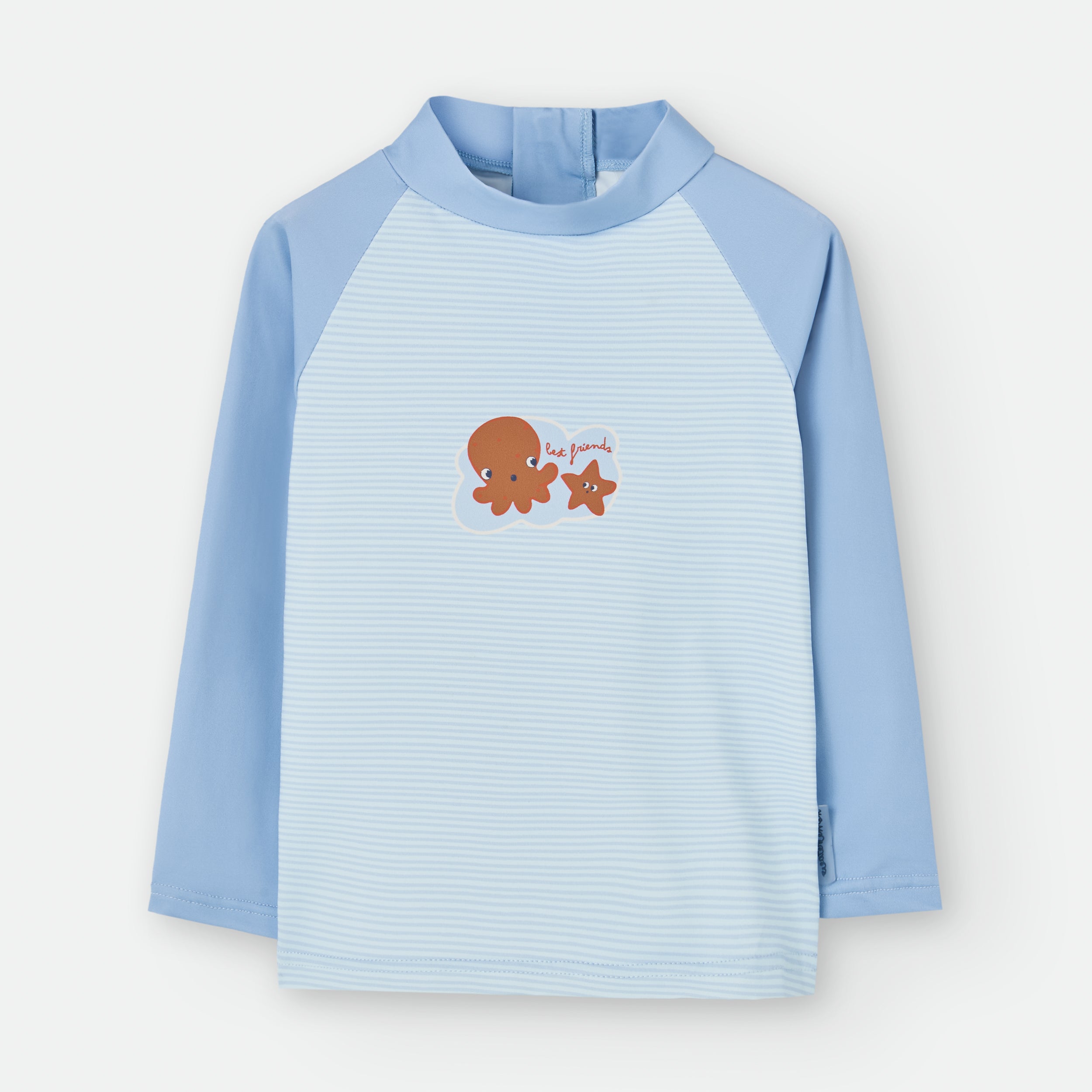 Camisola de praia UV Waterlemon de manga comprida, azul claro, com riscas finas e estampado de polvo e estrela do mar.