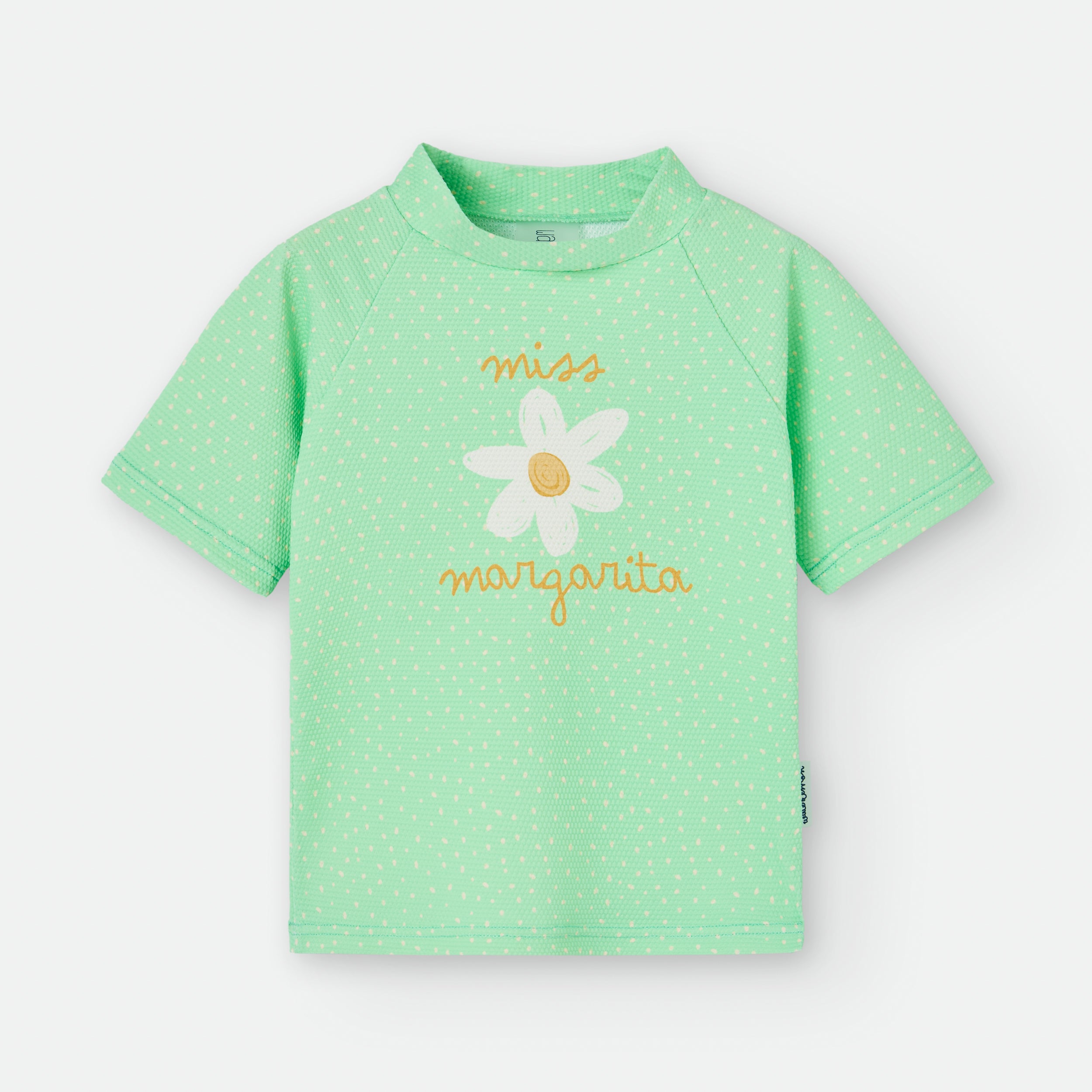 Camisola de praia UV Waterlemon verde-água com padrão de pontos, gola subida e estampa "Miss Margarita" com flor.