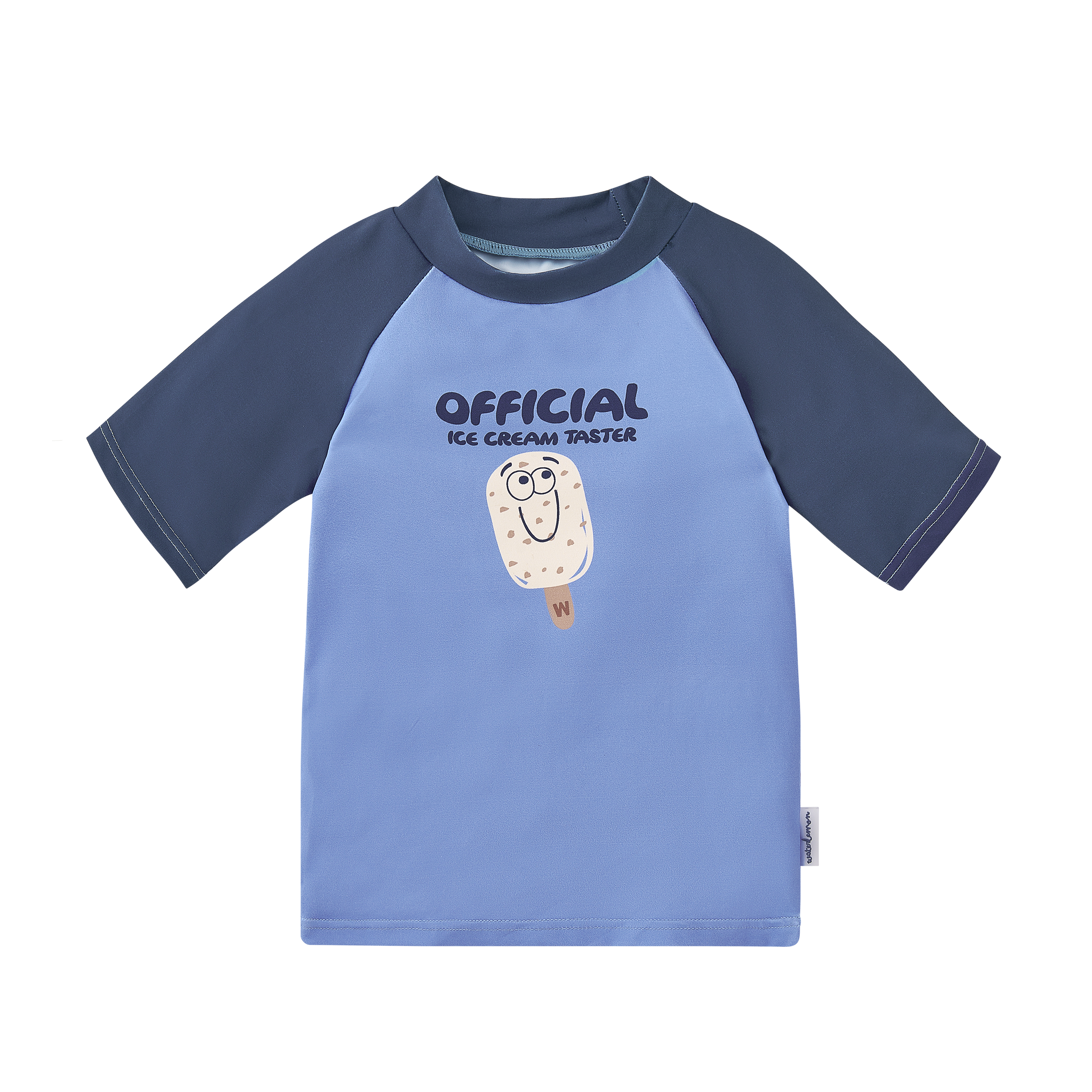 Camisola de proteção UV Waterlemon azul com padrão divertido de gelados coloridos, gola subida e mangas curtas raglan.