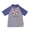 Camisola de praia/piscina Waterlemon UV, riscas azuis e brancas, com padrão de boias. Gola subida e mangas curtas raglan. Proteção solar UPF 50+.