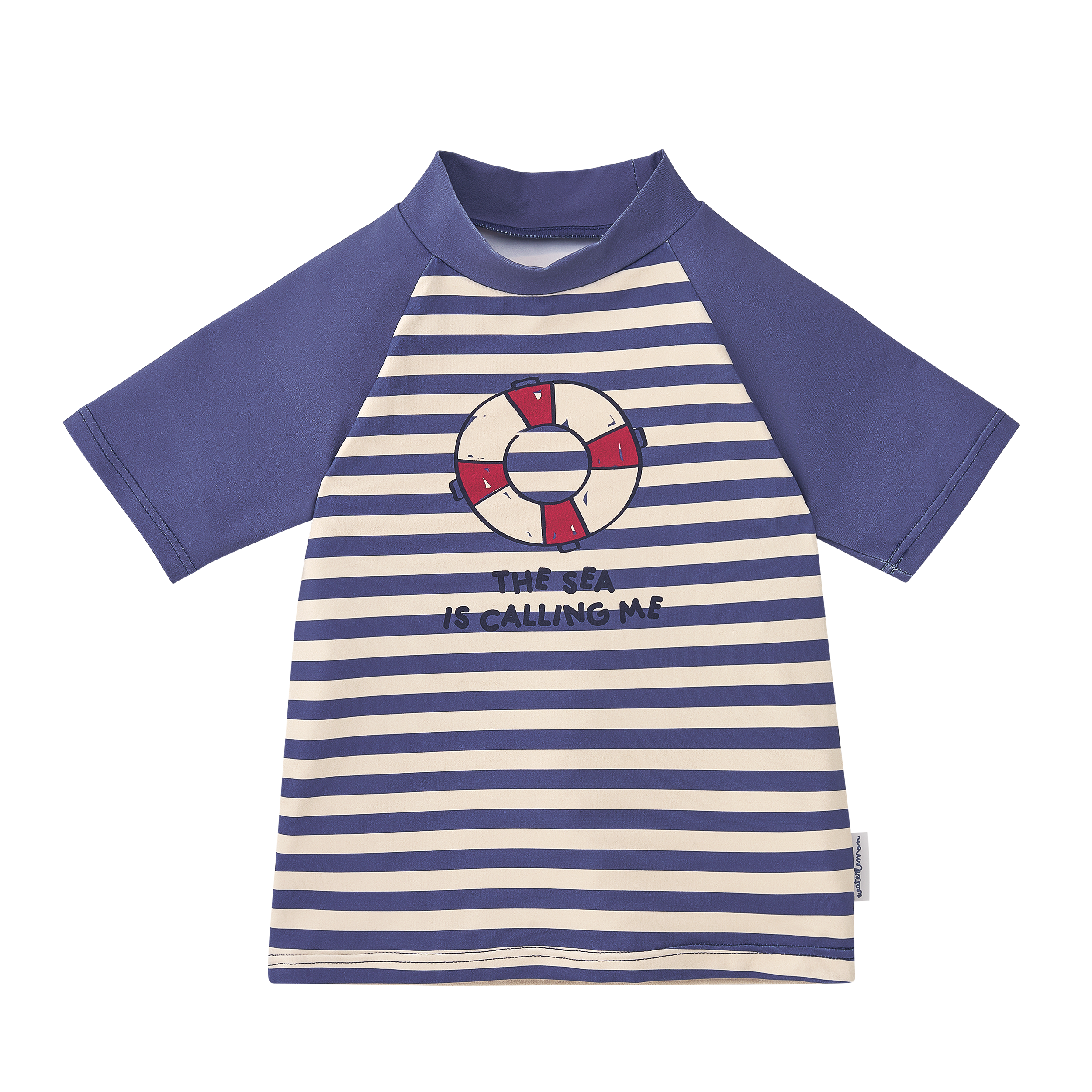 Camisola de praia/piscina Waterlemon UV, riscas azuis e brancas, com padrão de boias. Gola subida e mangas curtas raglan. Proteção solar UPF 50+.