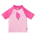 Camisola de praia Waterlemon UV para criança, fundo rosa com padrão de gelados coloridos e confetis. Proteção solar UPF 50+.