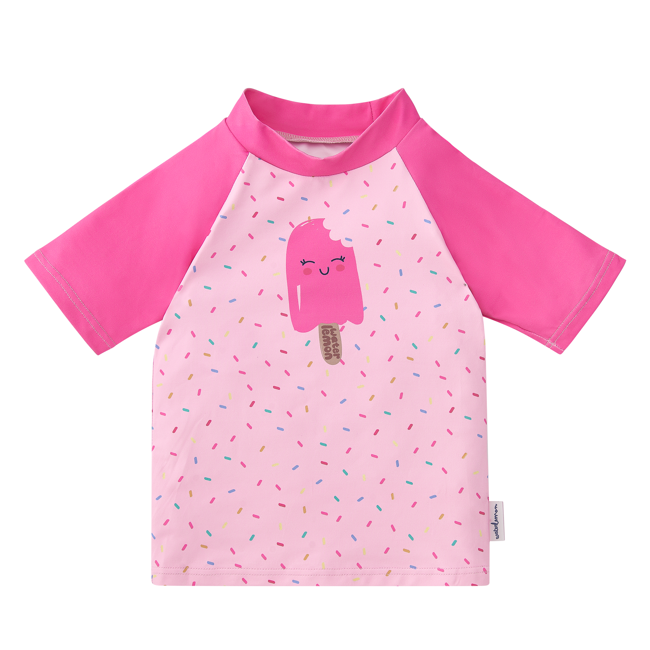 Camisola de praia Waterlemon UV para criança, fundo rosa com padrão de gelados coloridos e confetis. Proteção solar UPF 50+.