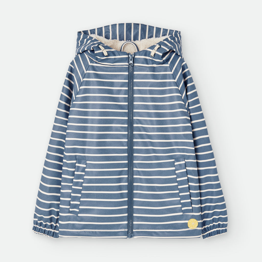 Casaco polar impermeável Waterlemon azul e branco às riscas, visto de frente, com fecho e capuz, ideal para crianças 2-10 anos.