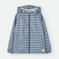 Casaco polar impermeável Waterlemon azul e branco às riscas, visto de frente, com fecho e capuz, ideal para crianças 2-10 anos.