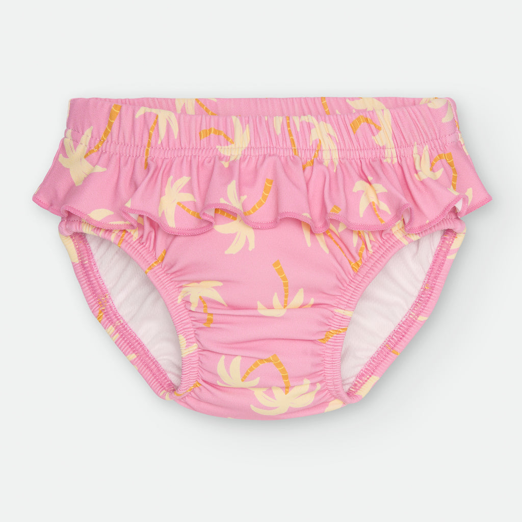 Cueca-fralda de praia Waterlemon rosa com padrão de palmeiras e folhos