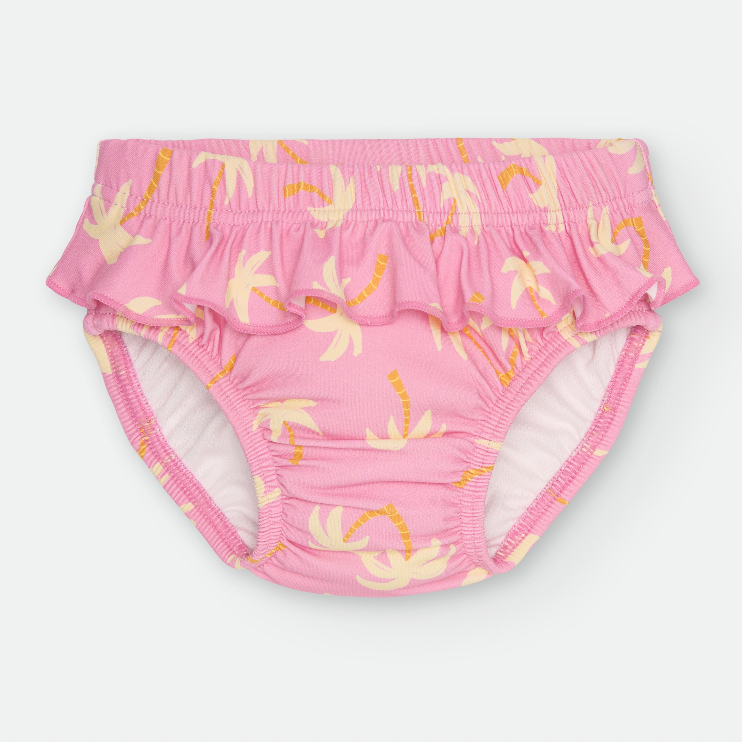 Cueca-fralda de praia Waterlemon rosa com padrão de palmeiras e folhos