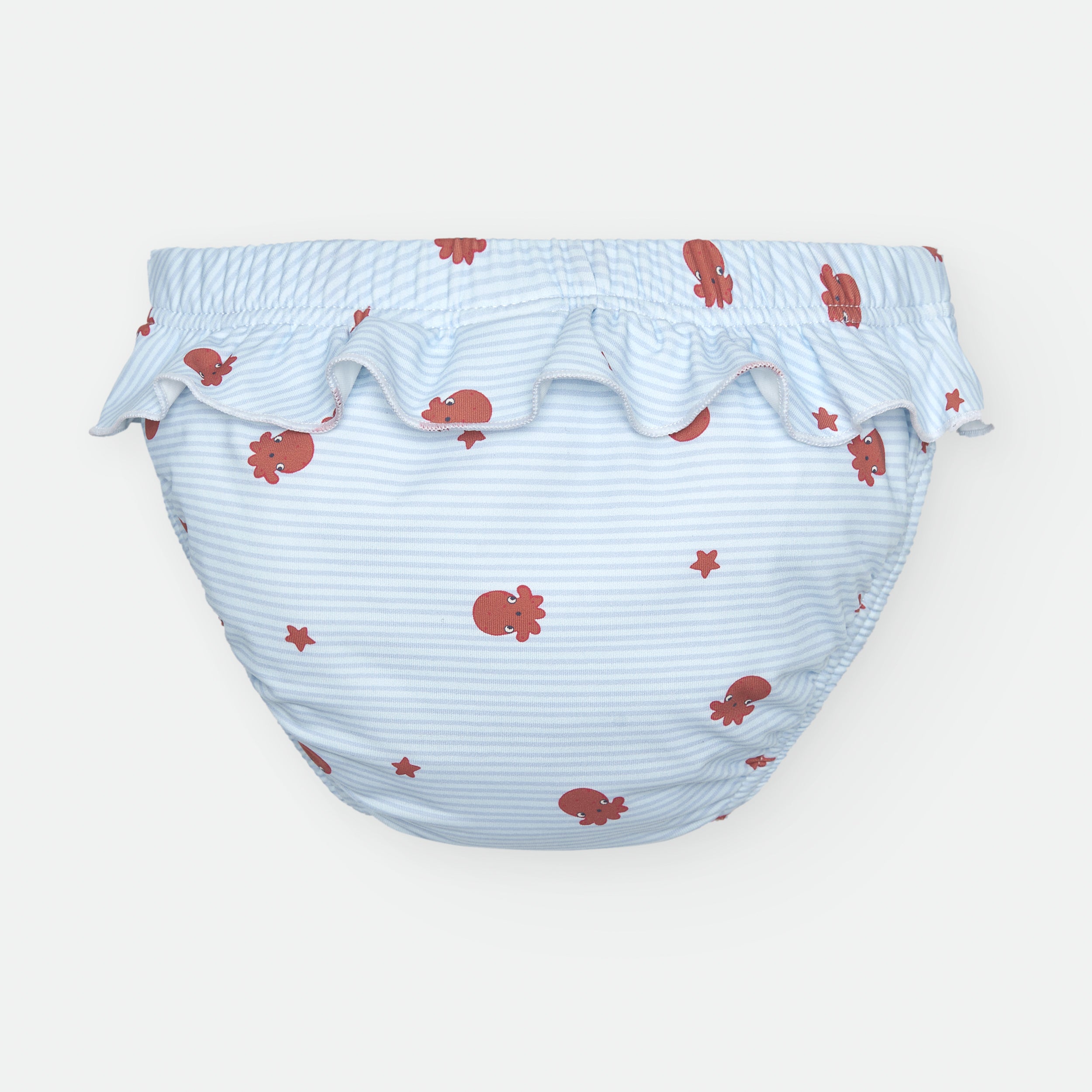 Detalhe da cueca/fralda de praia Waterlemon azul com padrão de polvos e estrelas, mostrando o tecido e os folhos.