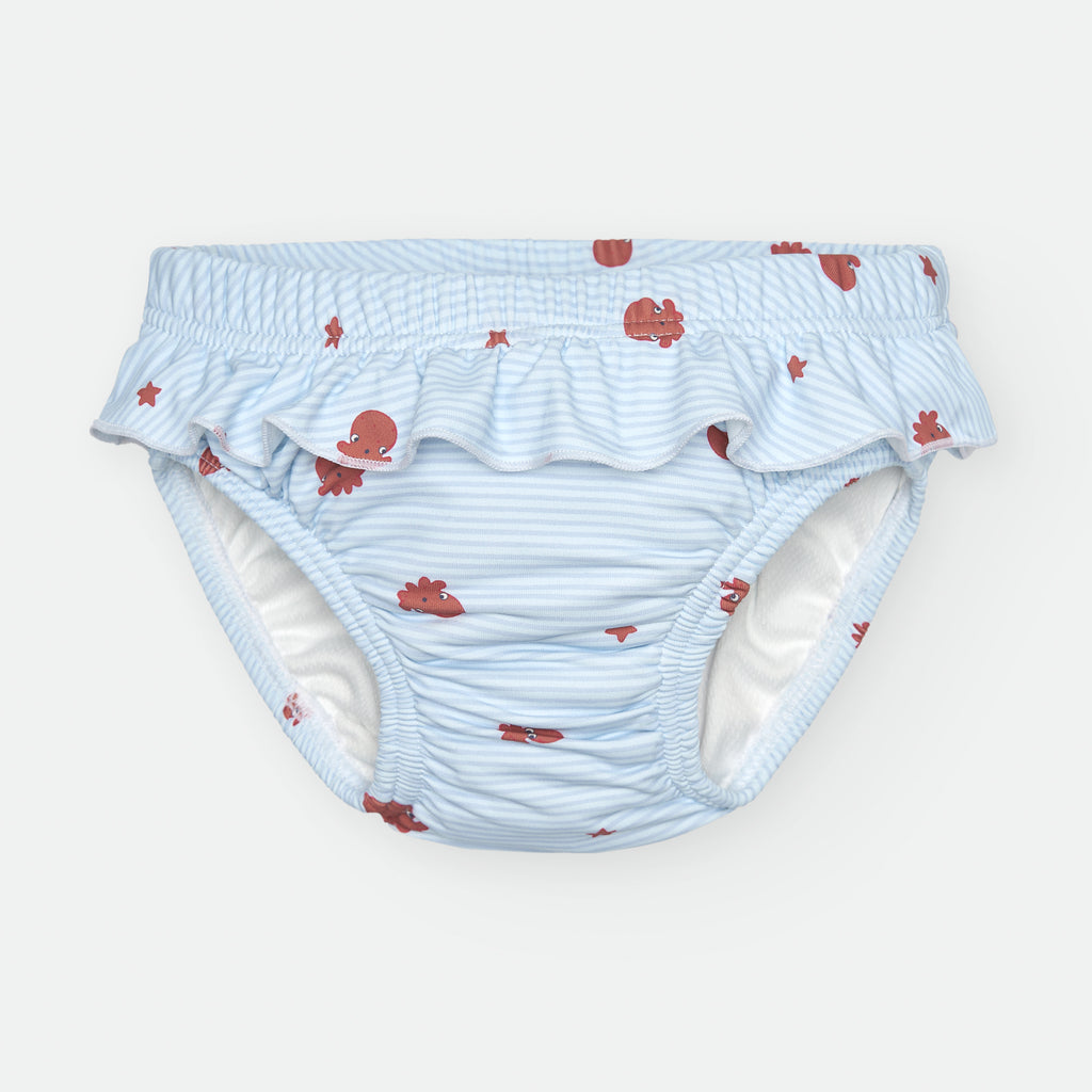 Cueca/fralda de praia Waterlemon azul clara com riscas finas e pequenos polvos vermelhos, com folho na cintura.