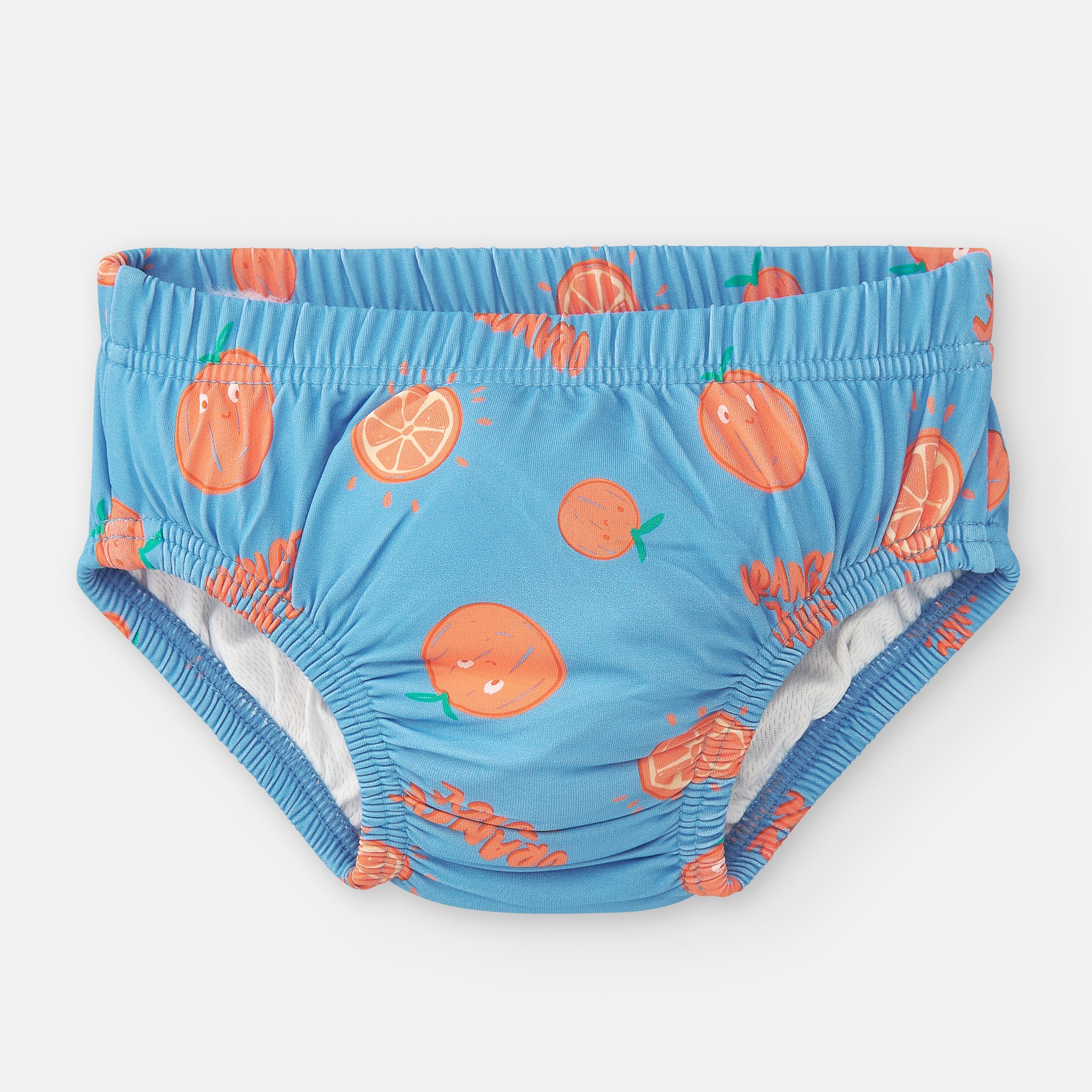 Vista frontal da cueca/fralda de praia Waterlemon azul para menino, com padrão divertido de laranjas sorridentes e elástico nas pernas.