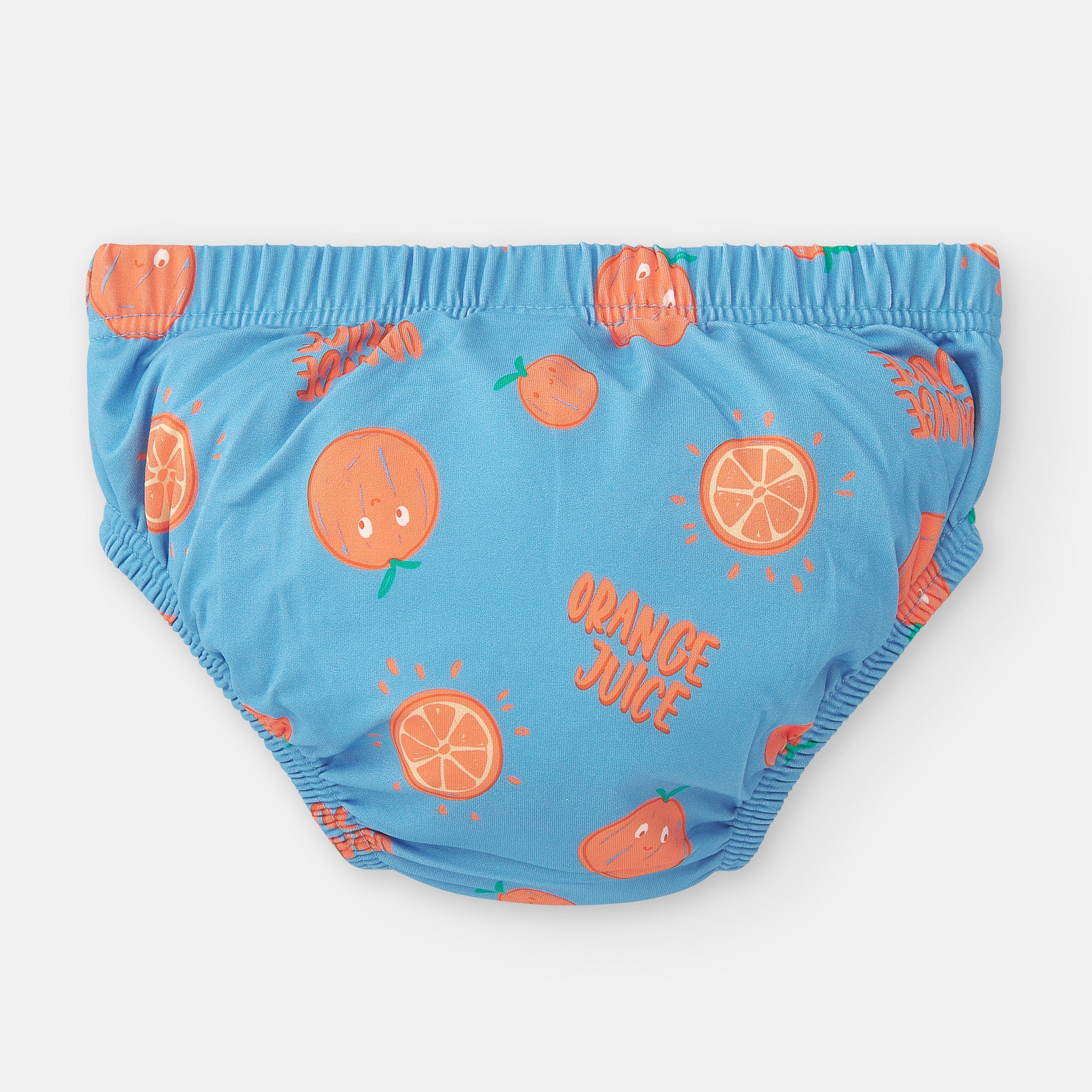 Vista traseira da cueca/fralda de praia Waterlemon azul com padrão de laranjas e o texto "ORANGE JUICE" em relevo.