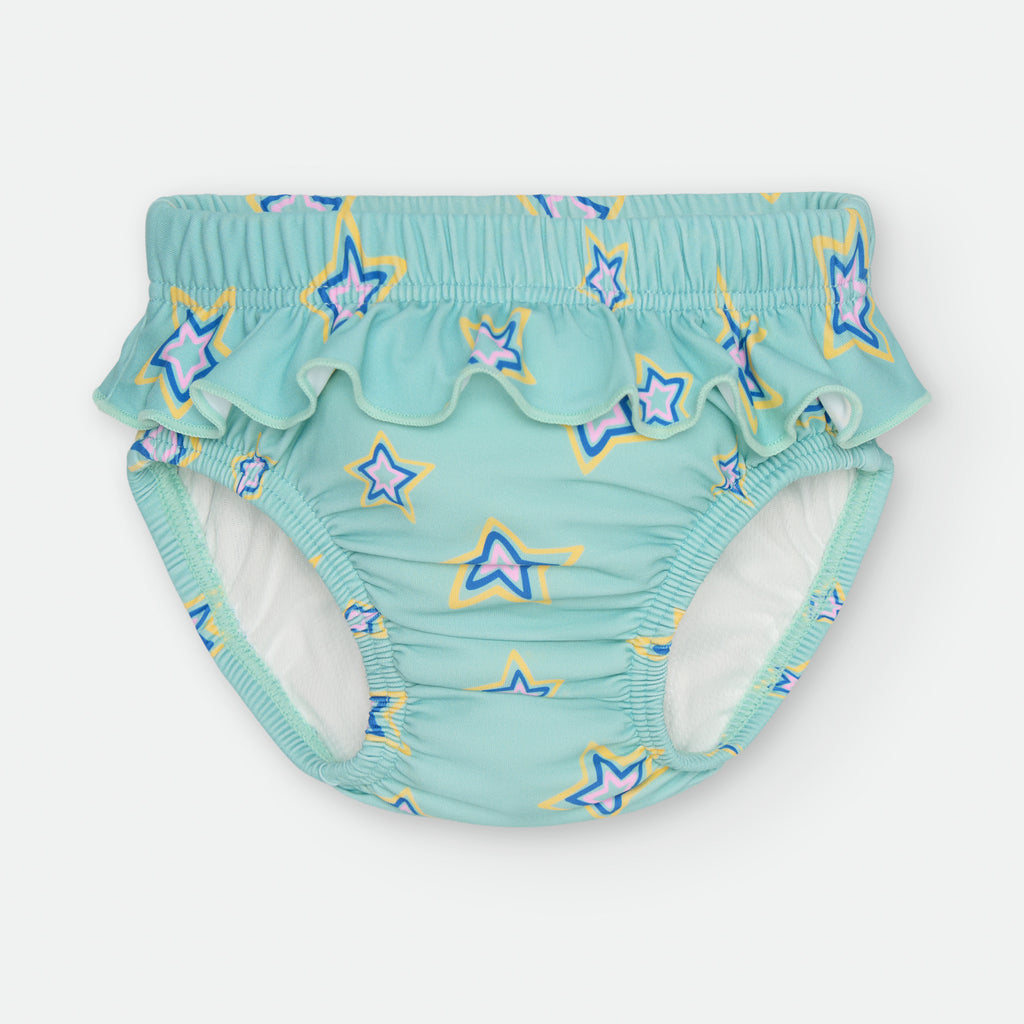 Cueca fralda de banho turquesa com padrão de estrelas e folhos laterais para bebé.