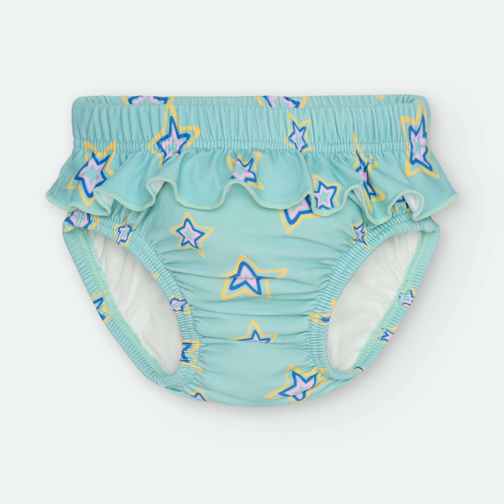Cueca fralda de banho turquesa com padrão de estrelas e folhos laterais para bebé.