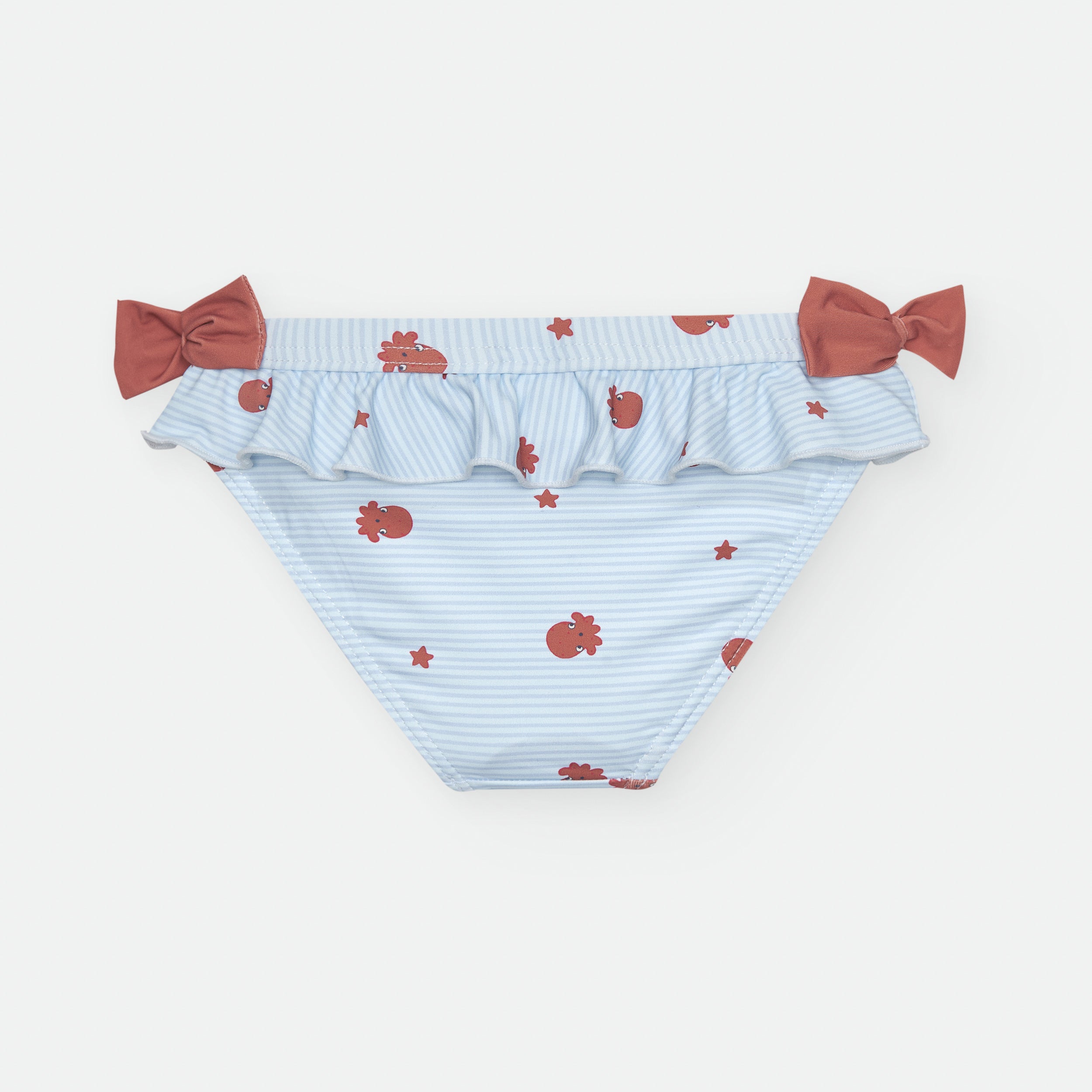Cueca de praia Waterlemon infantil, azul às riscas, com estampado de polvo e folho na cintura. Laços laterais cor de terracota.