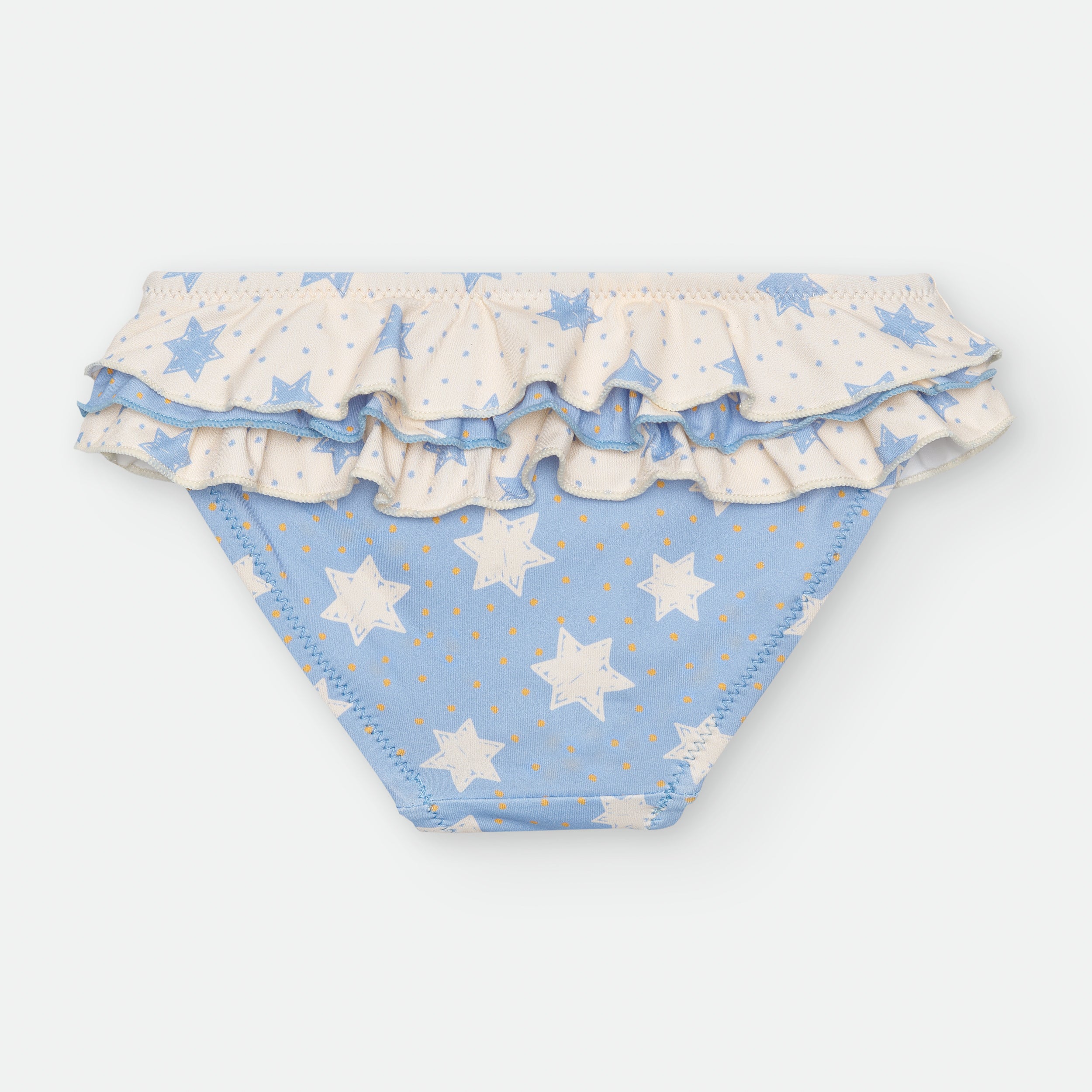Vista traseira da cueca de banho Waterlemon com padrão de estrelas brancas em fundo azul claro e folhos na parte superior.