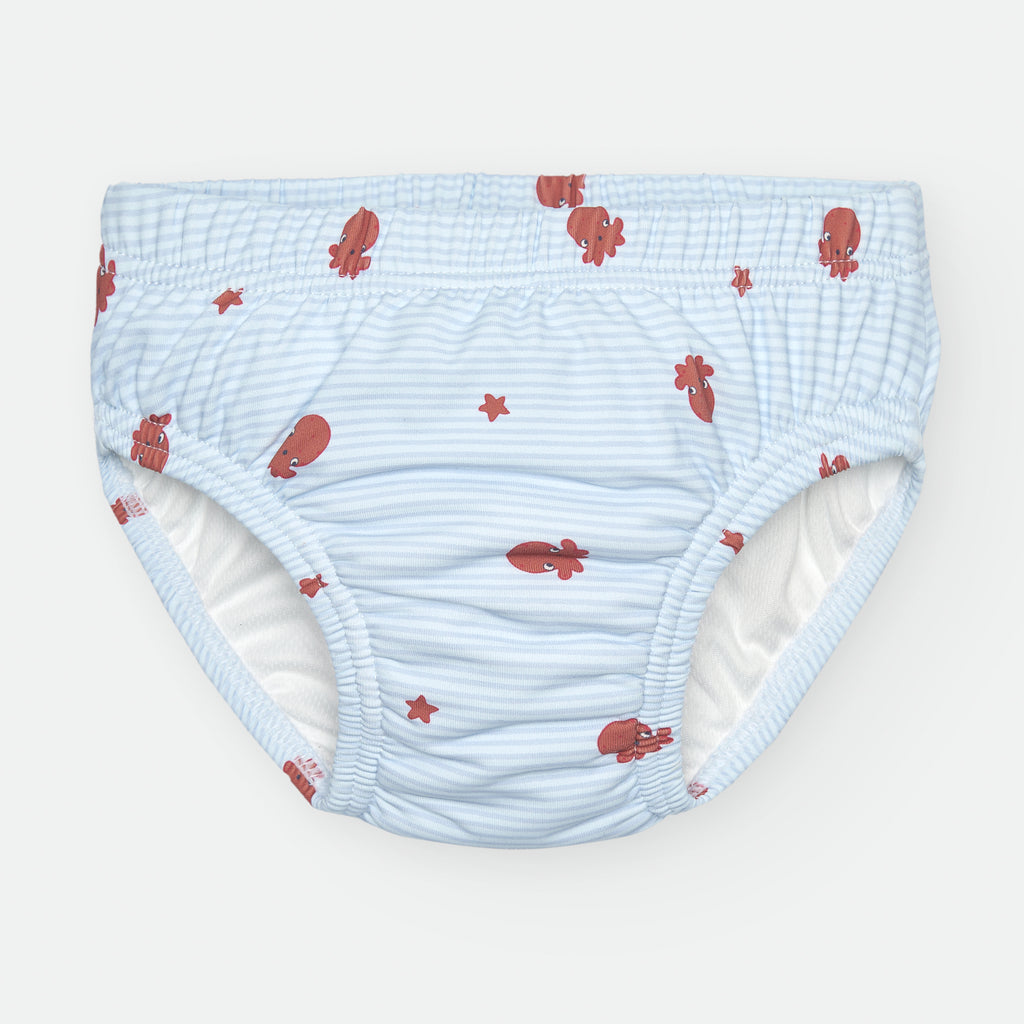 Vista frontal de cueca/fralda de praia Waterlemon, azul claro com riscas finas e polvos vermelhos. Elásticos nas pernas e cintura.
