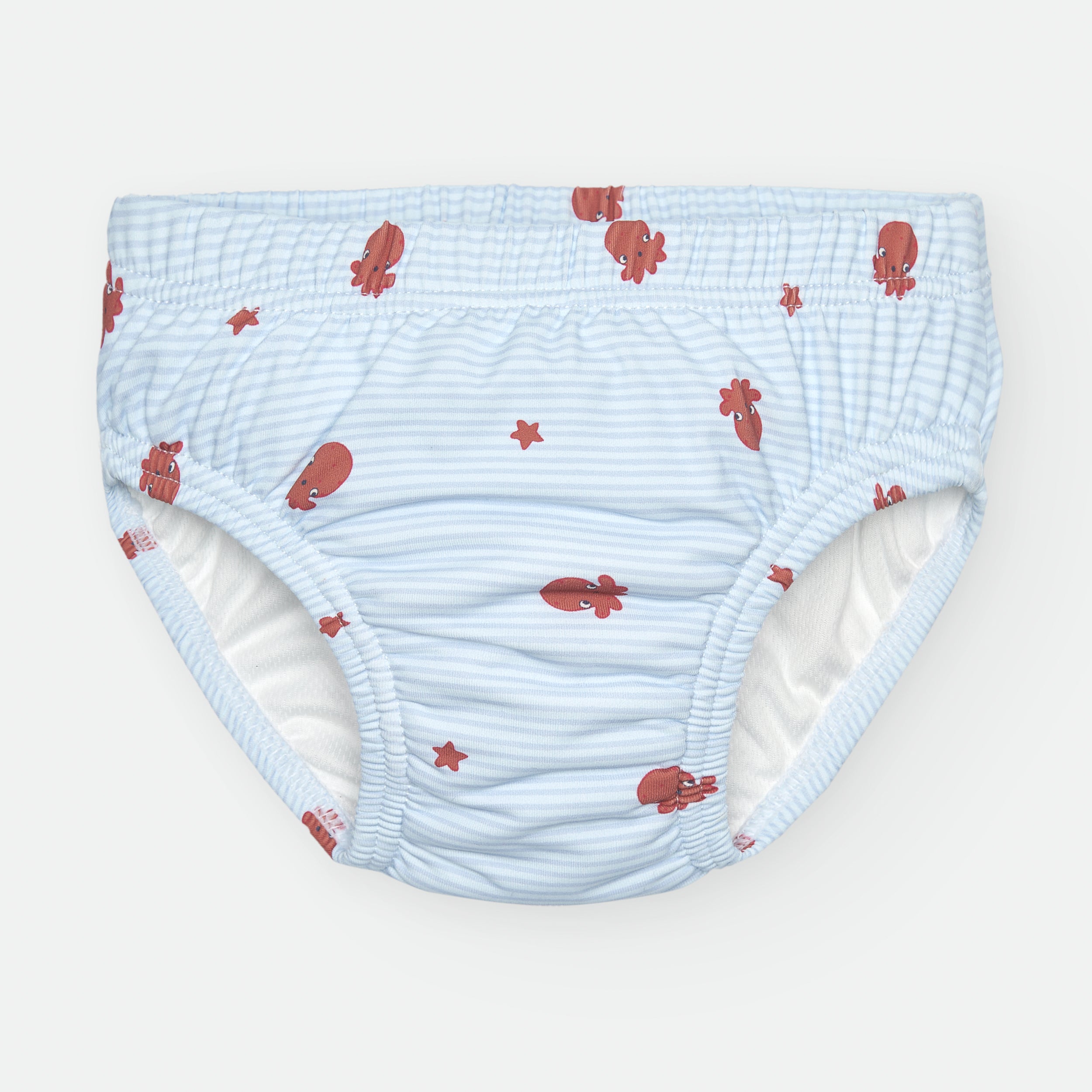 Vista frontal de cueca/fralda de praia Waterlemon, azul claro com riscas finas e polvos vermelhos. Elásticos nas pernas e cintura.