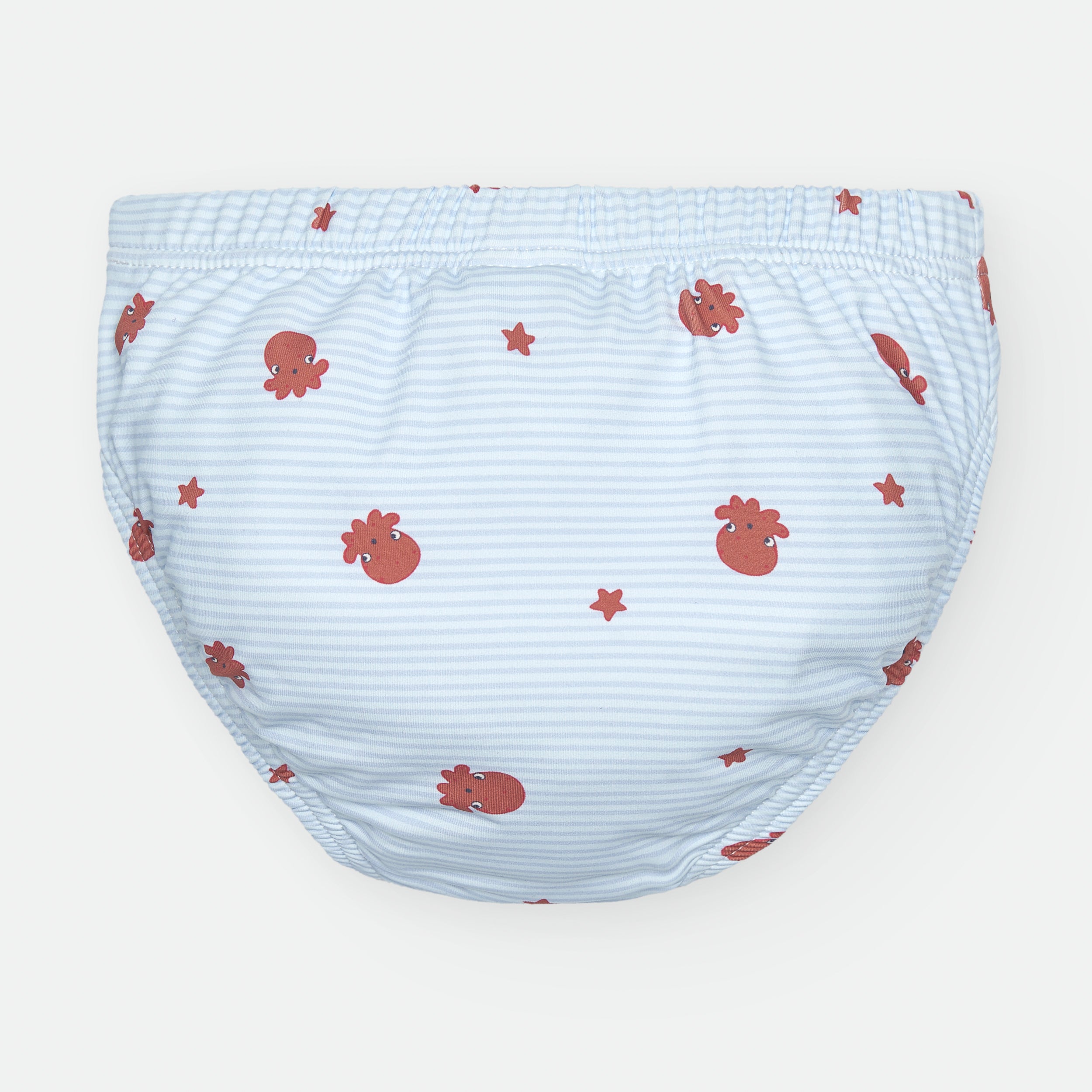 Detalhe da cueca de banho Waterlemon, padrão listado azul com ilustrações de polvos e estrelas-do-mar, vista frontal.