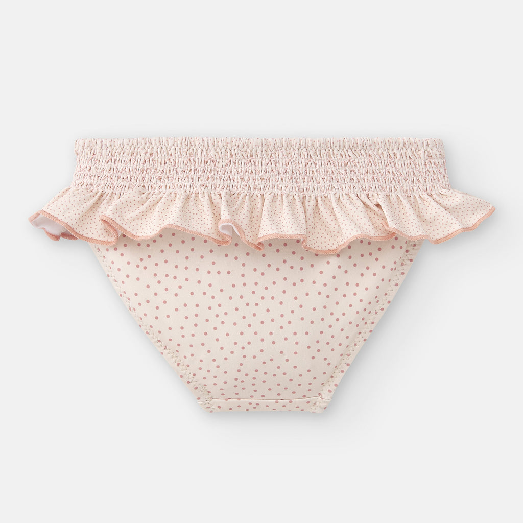 Vista traseira da cueca de banho Waterlemon rosa com bolinhas, mostrando o corte confortável e a cintura elástica franzida sem costuras visíveis.