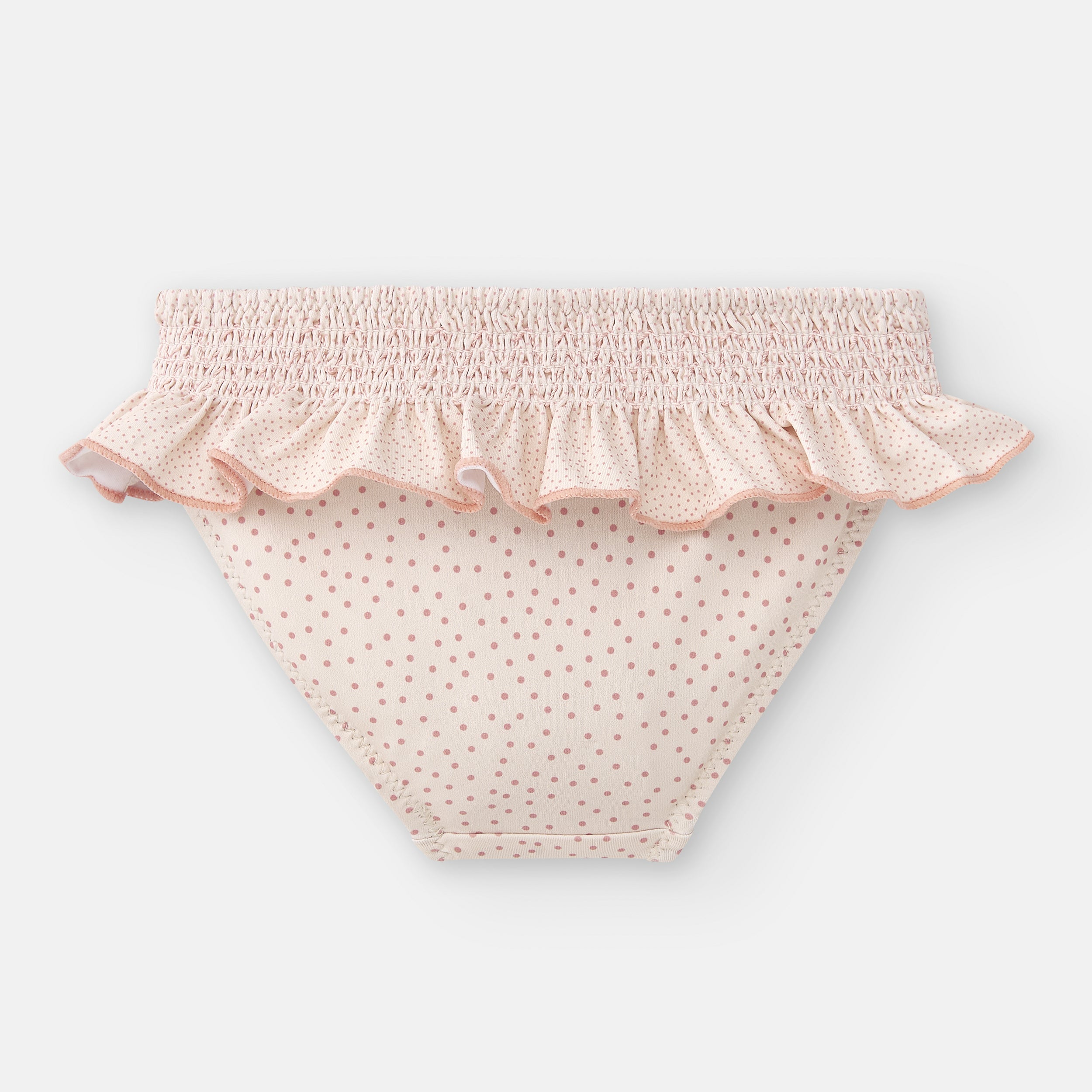 Vista traseira da cueca de banho Waterlemon rosa com bolinhas, mostrando o corte confortável e a cintura elástica franzida sem costuras visíveis.