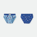 Conjunto de 2 cuecas Waterlemon para criança, com estampas espaciais. Detalhe da frente e verso das cuecas em algodão e elastano.